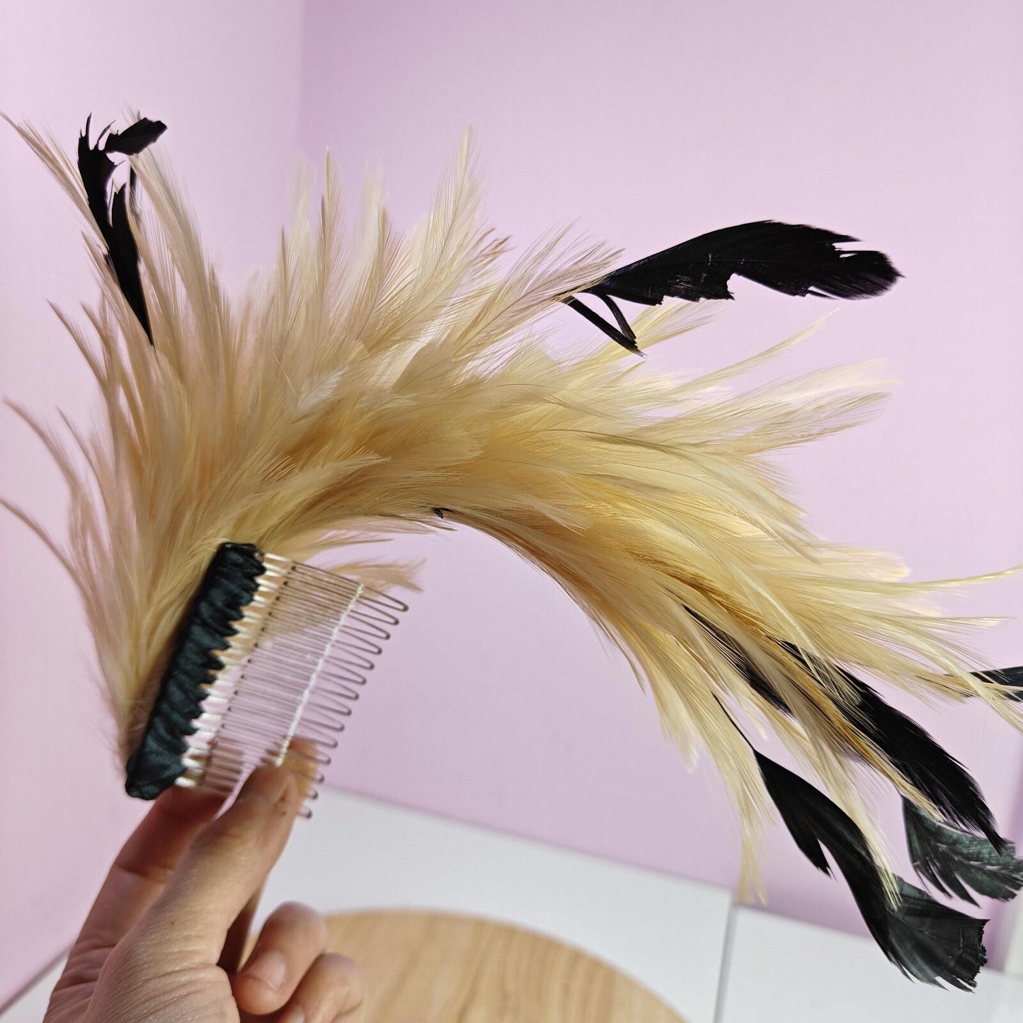 nude cream peach black feather comb fascinator millinery wedding hat