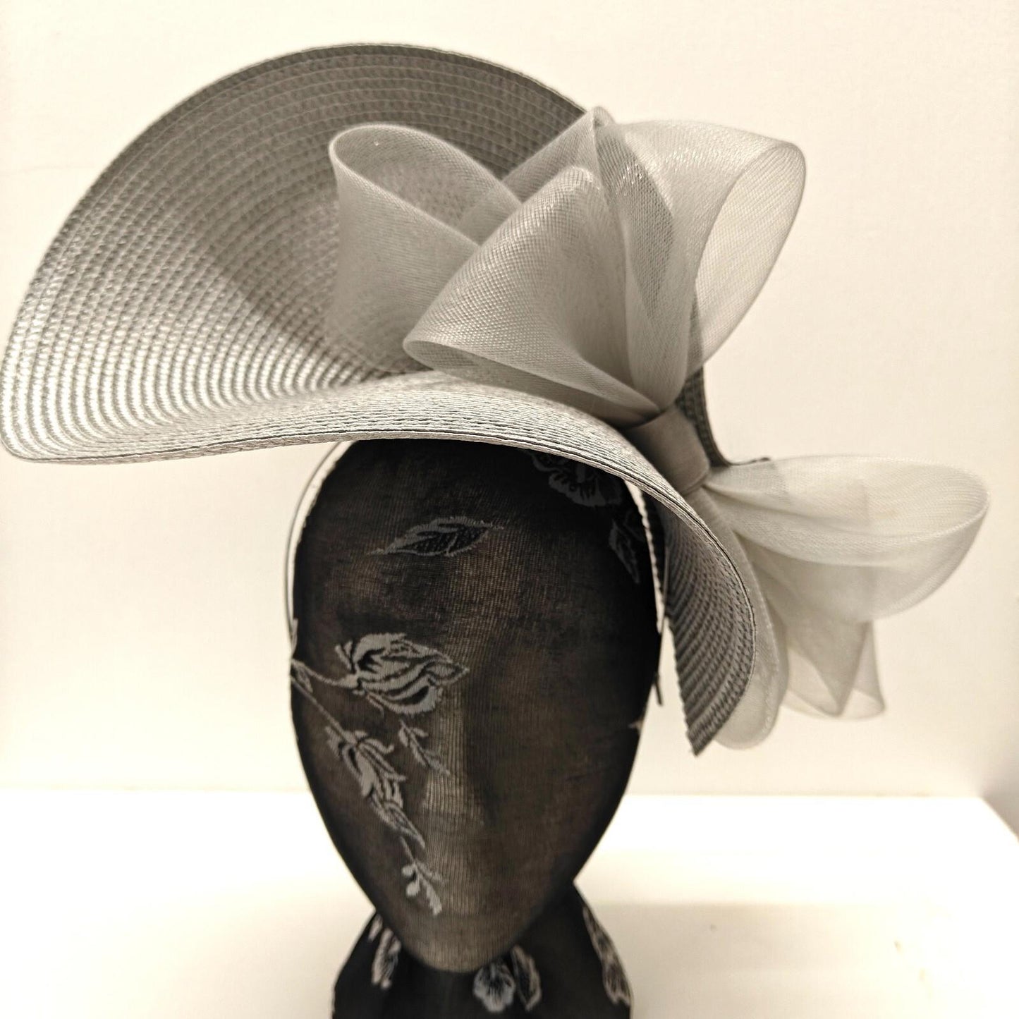 silver grey large straw fascinator millinery burlesque headband wedding hat bow