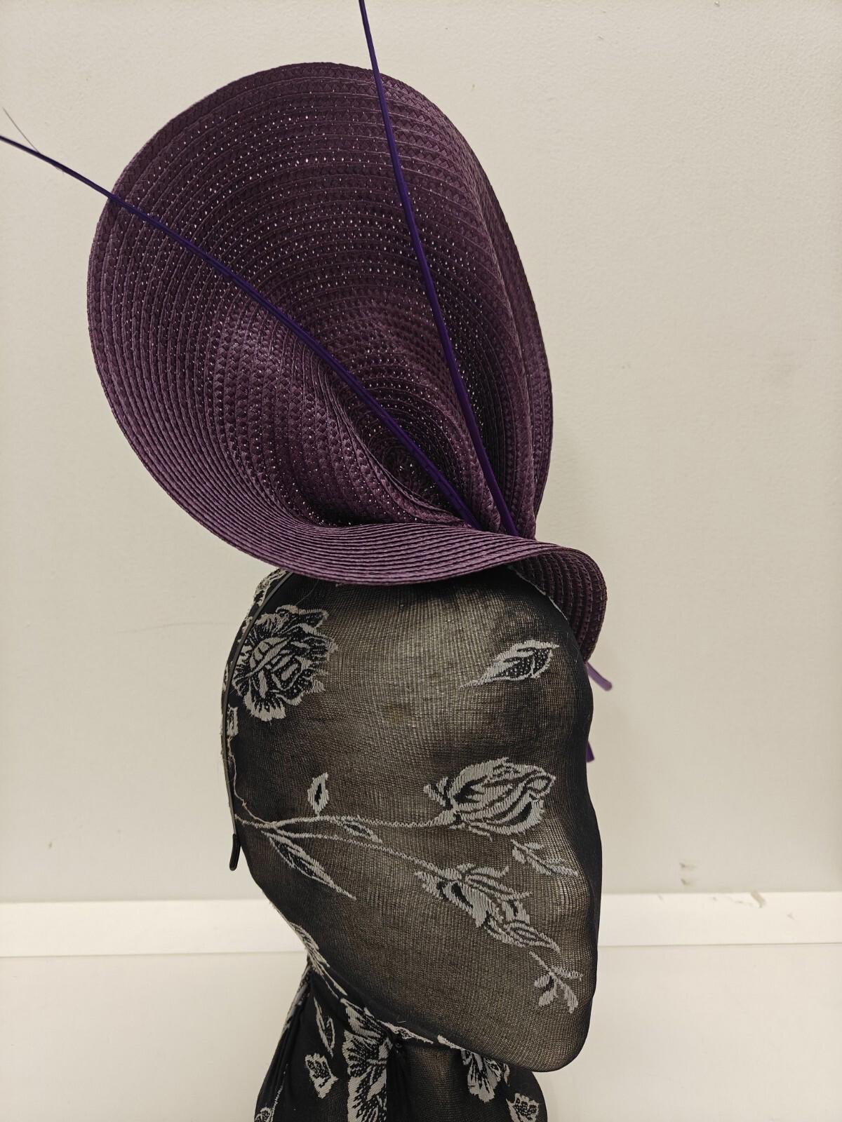 purple large straw fascinator ostrich quill spine millinery headband wedding hat