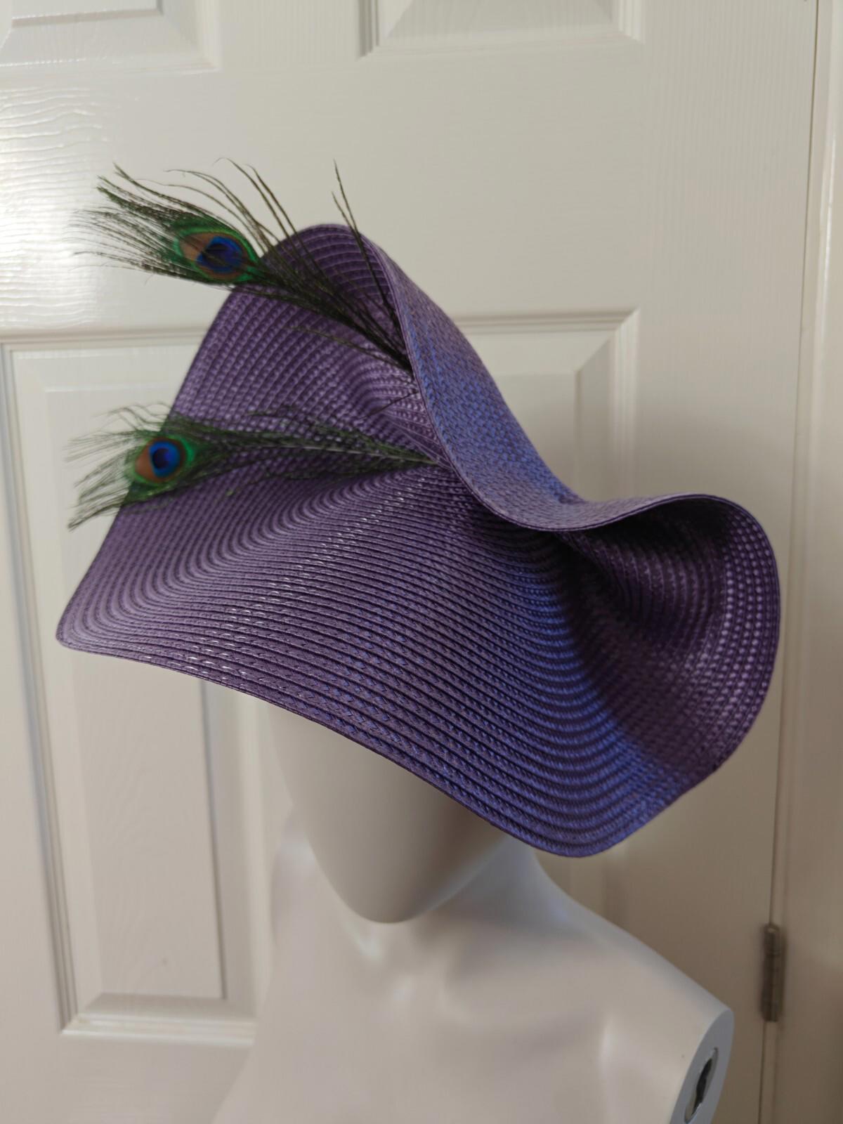 purple large straw fascinator peacock feather millinery headband wedding hat