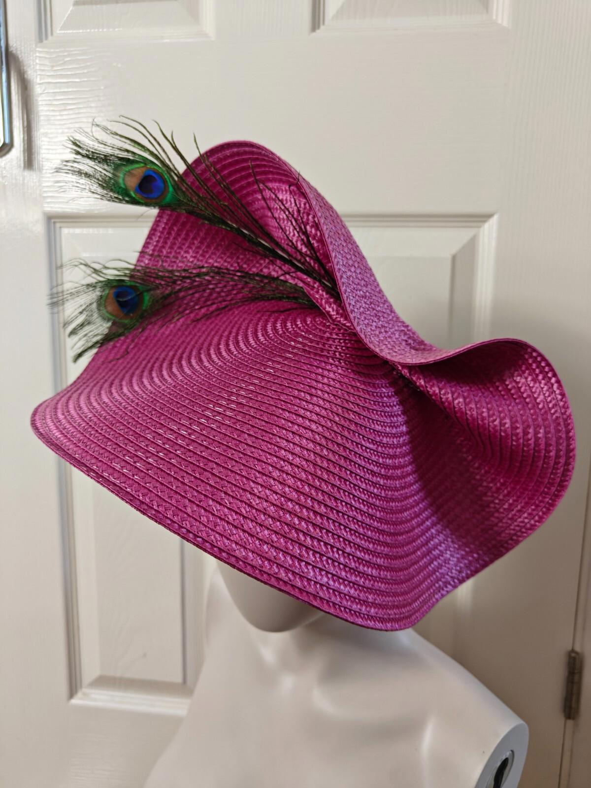 pink large straw fascinator peacock feather millinery headband wedding hat