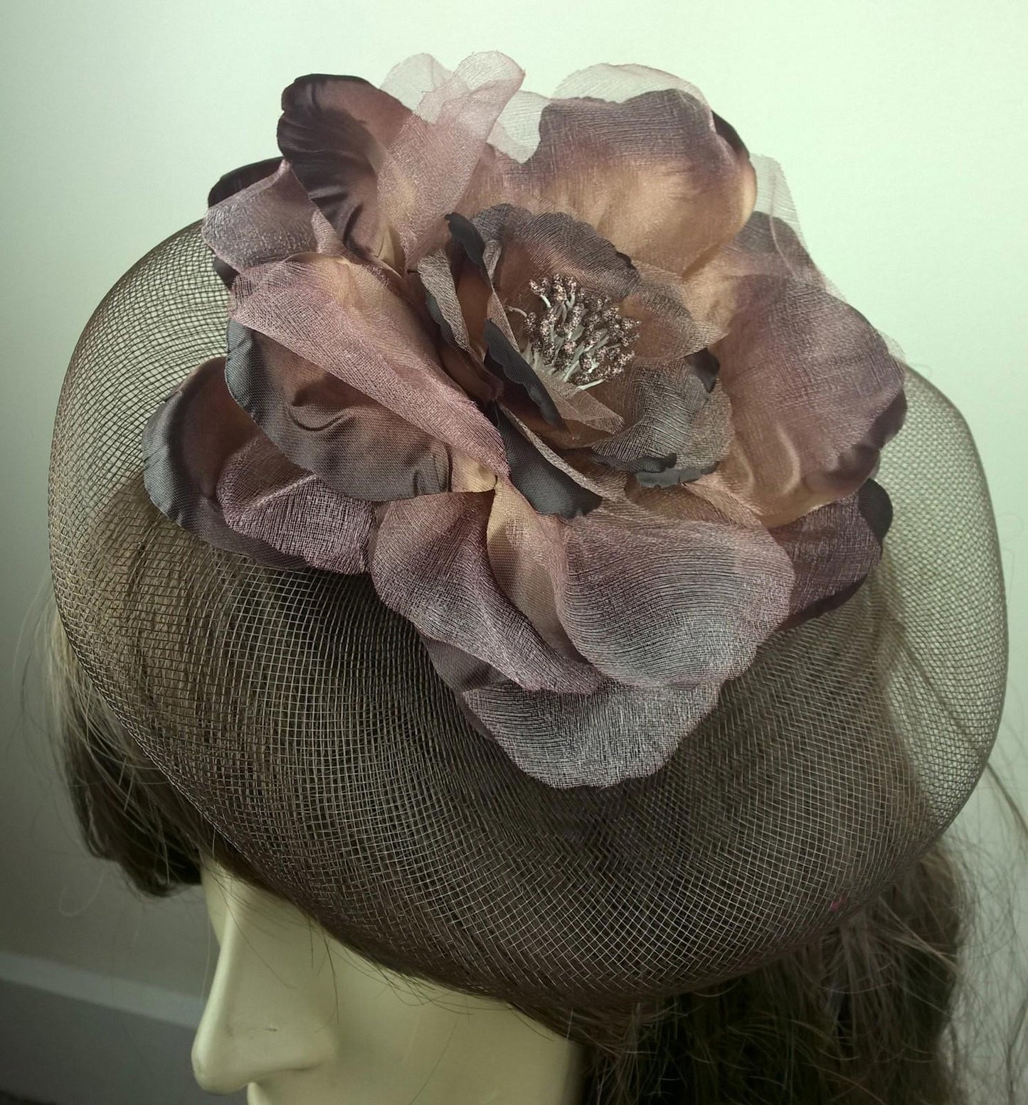 brown satin flower fascinator millinery burlesque wedding hat bridal race 1