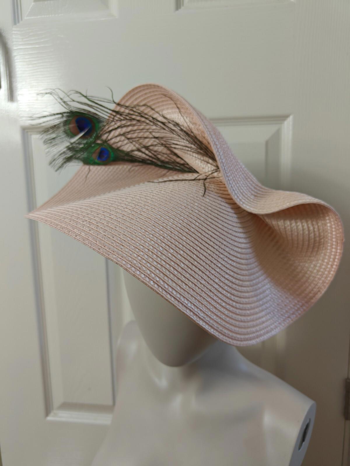 nude pink large straw fascinator peacock feather millinery headband wedding hat