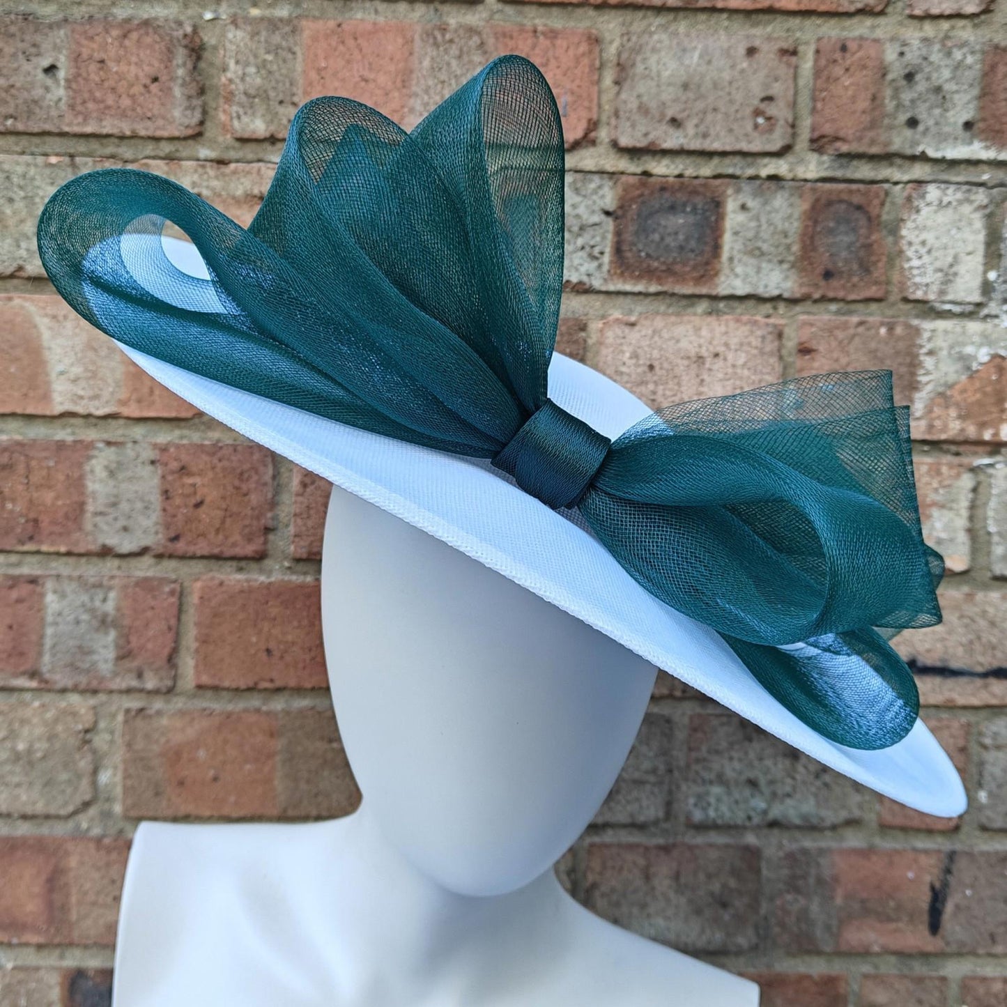 white dark green large fascinator wedding hat handmade hatinator Ascot bow