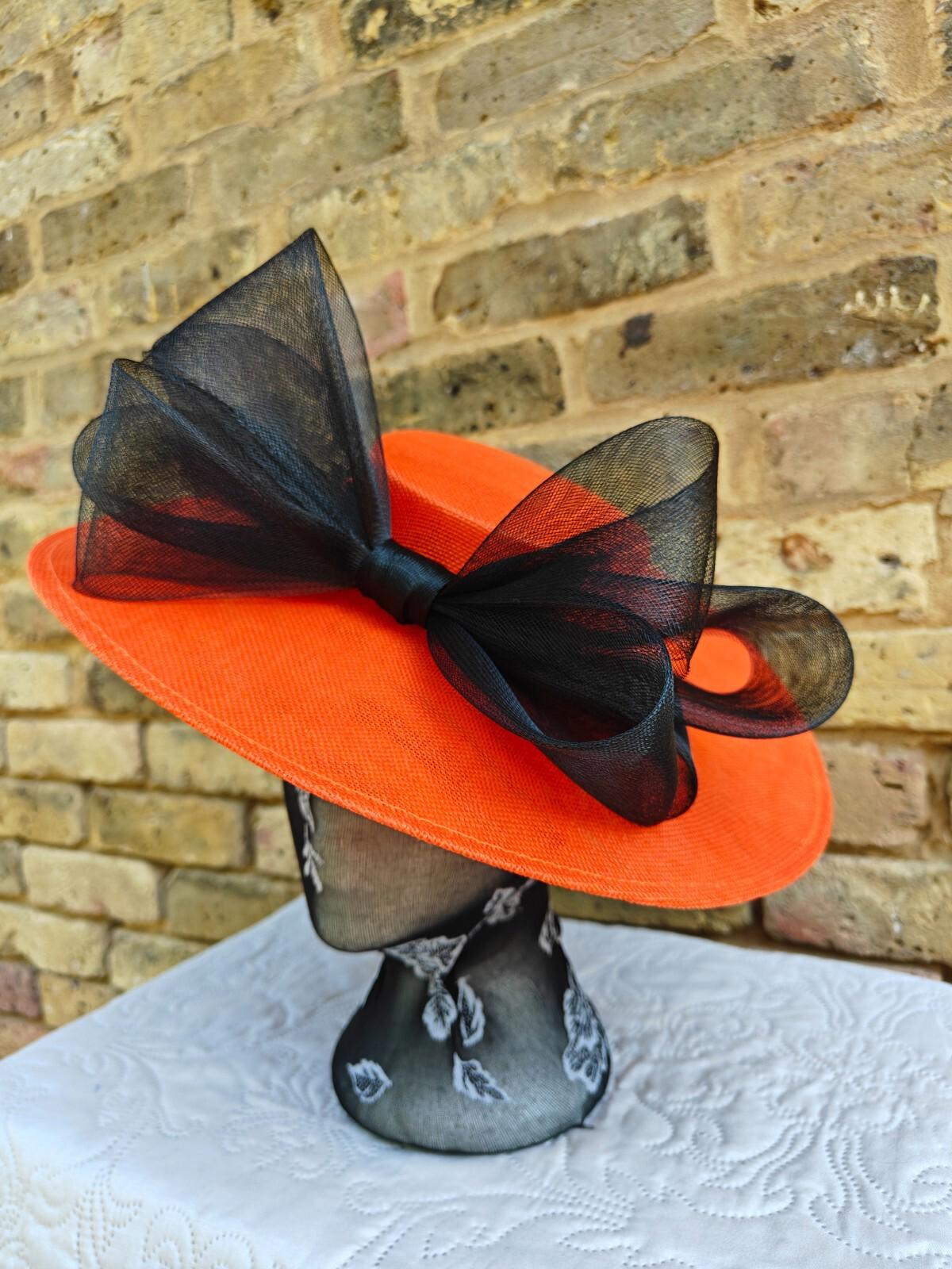orange black large fascinator wedding hat Kentucky Derby Royal Ascot bow
