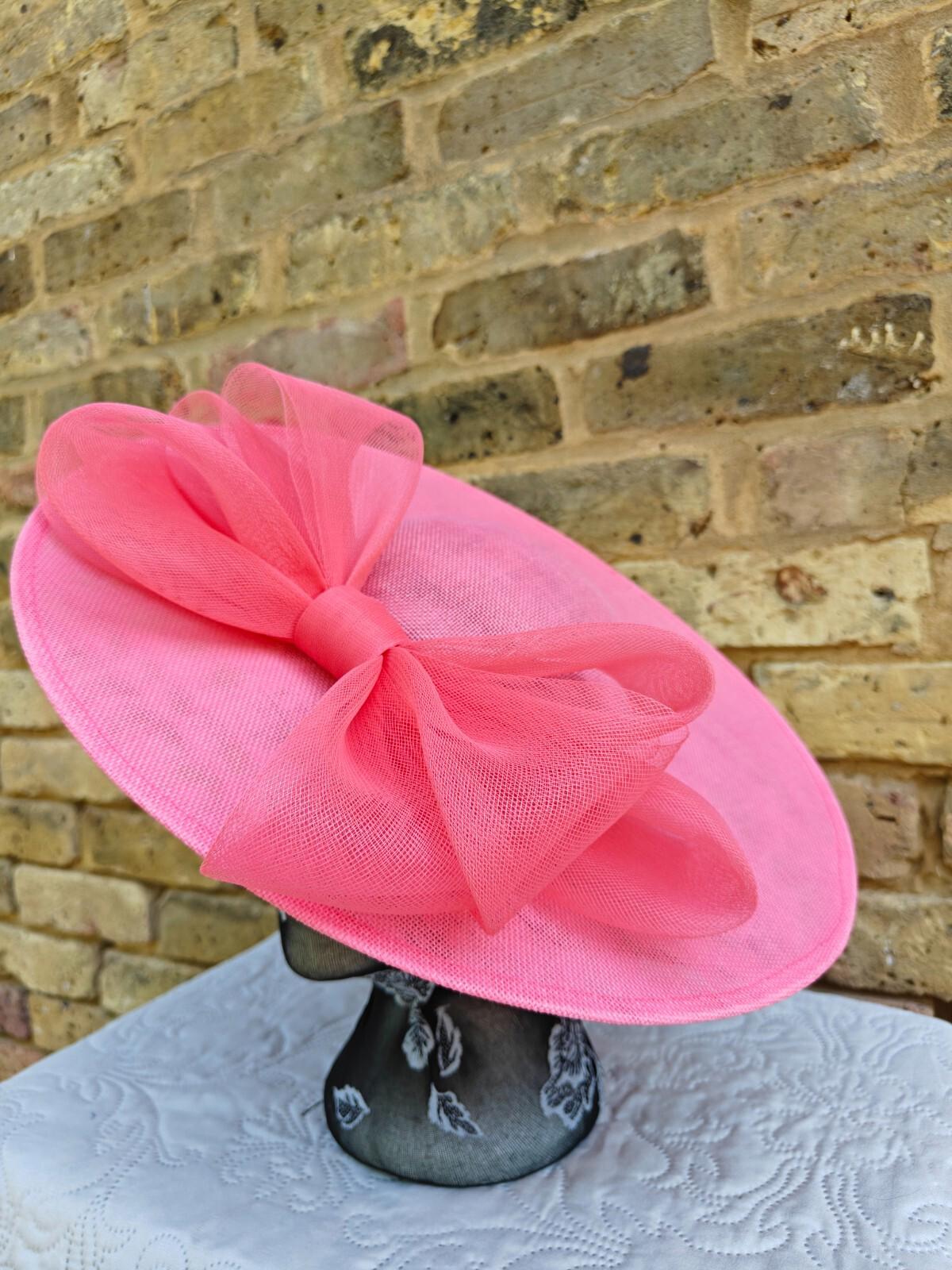 coral pink large fascinator wedding hat Kentucky Derby Royal Ascot bow