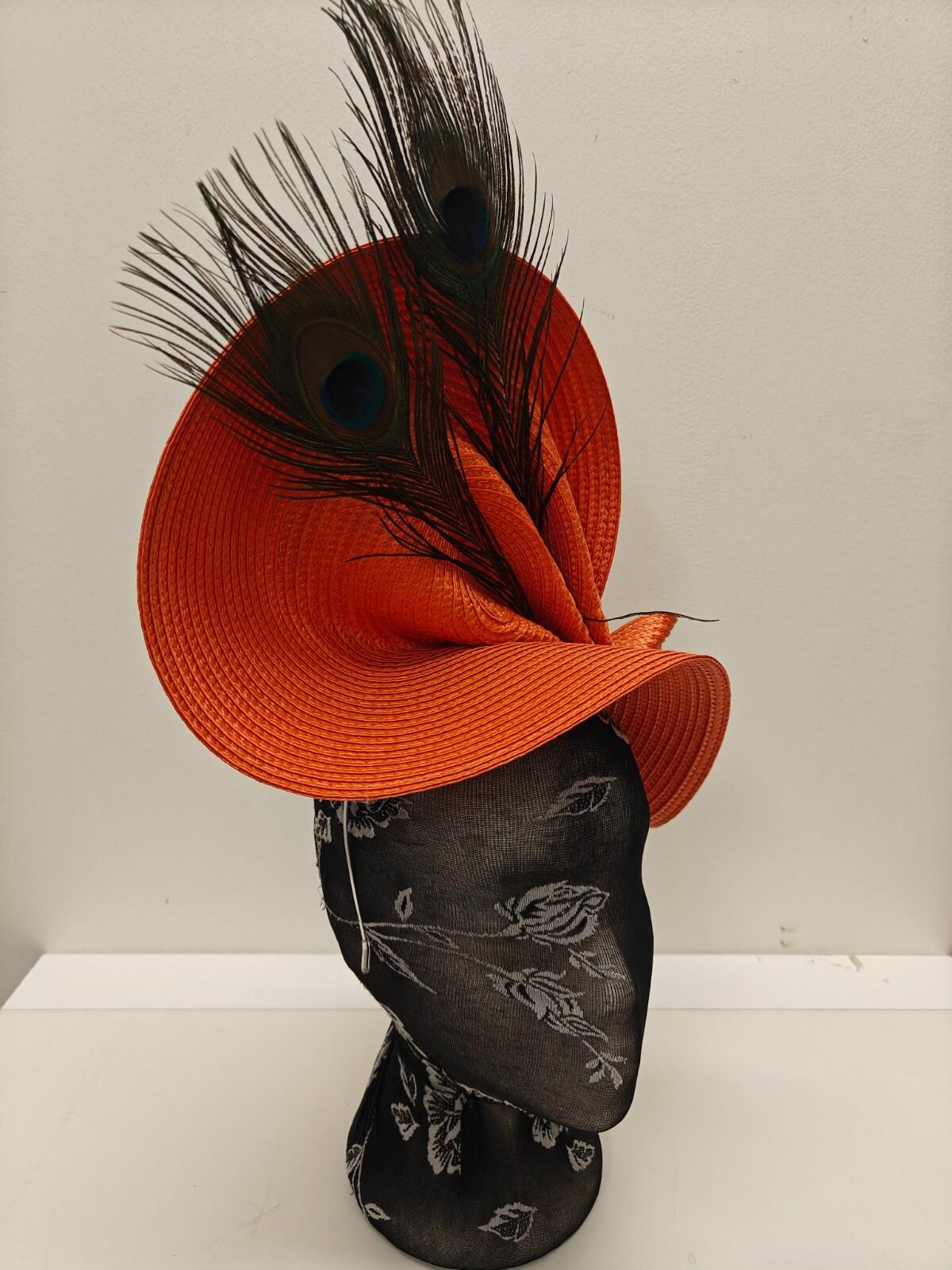 orange large straw fascinator peacock feather millinery headband wedding hat