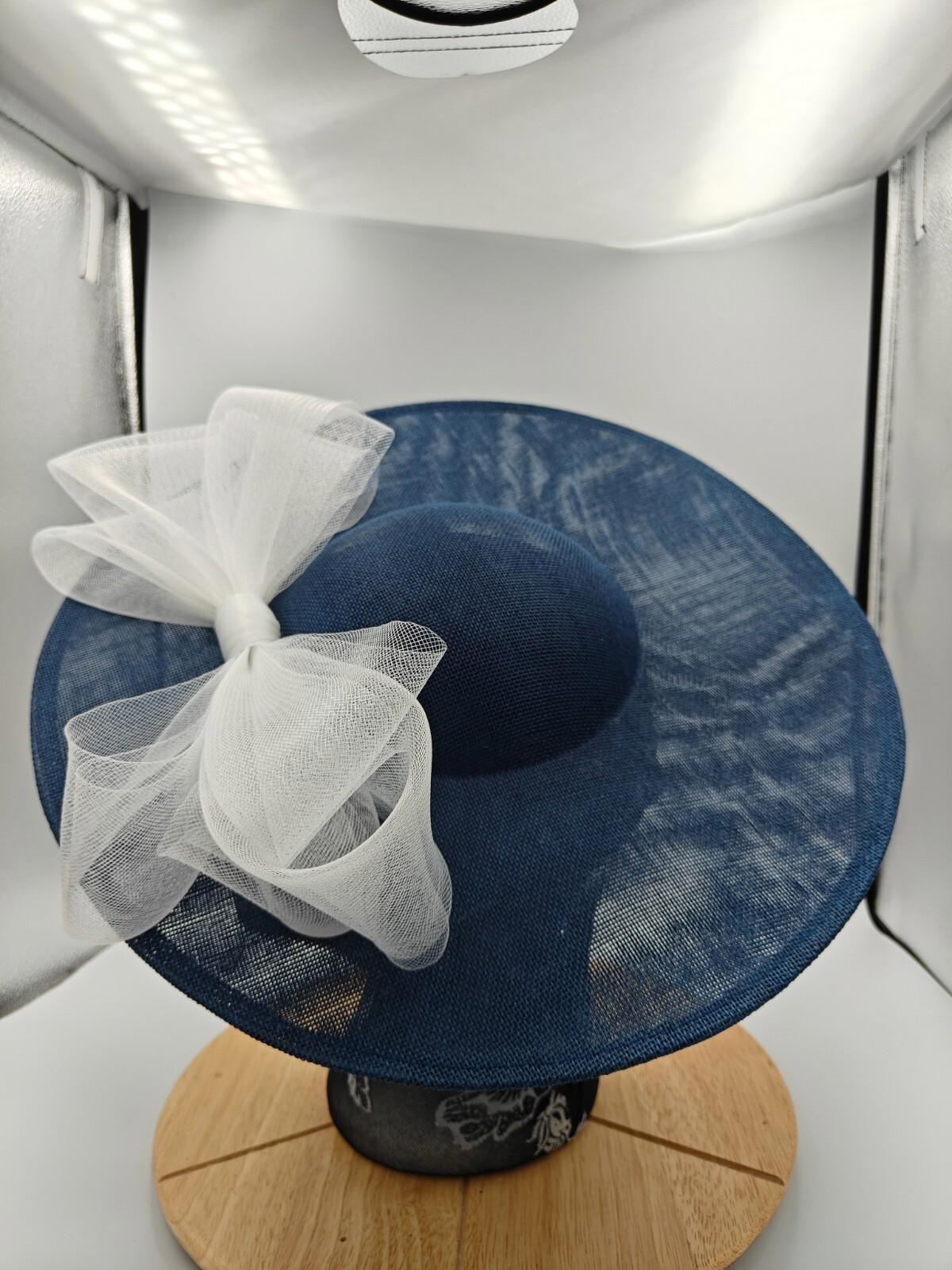 navy white large fascinator headband wedding hat Kentucky Derby Royal Ascot