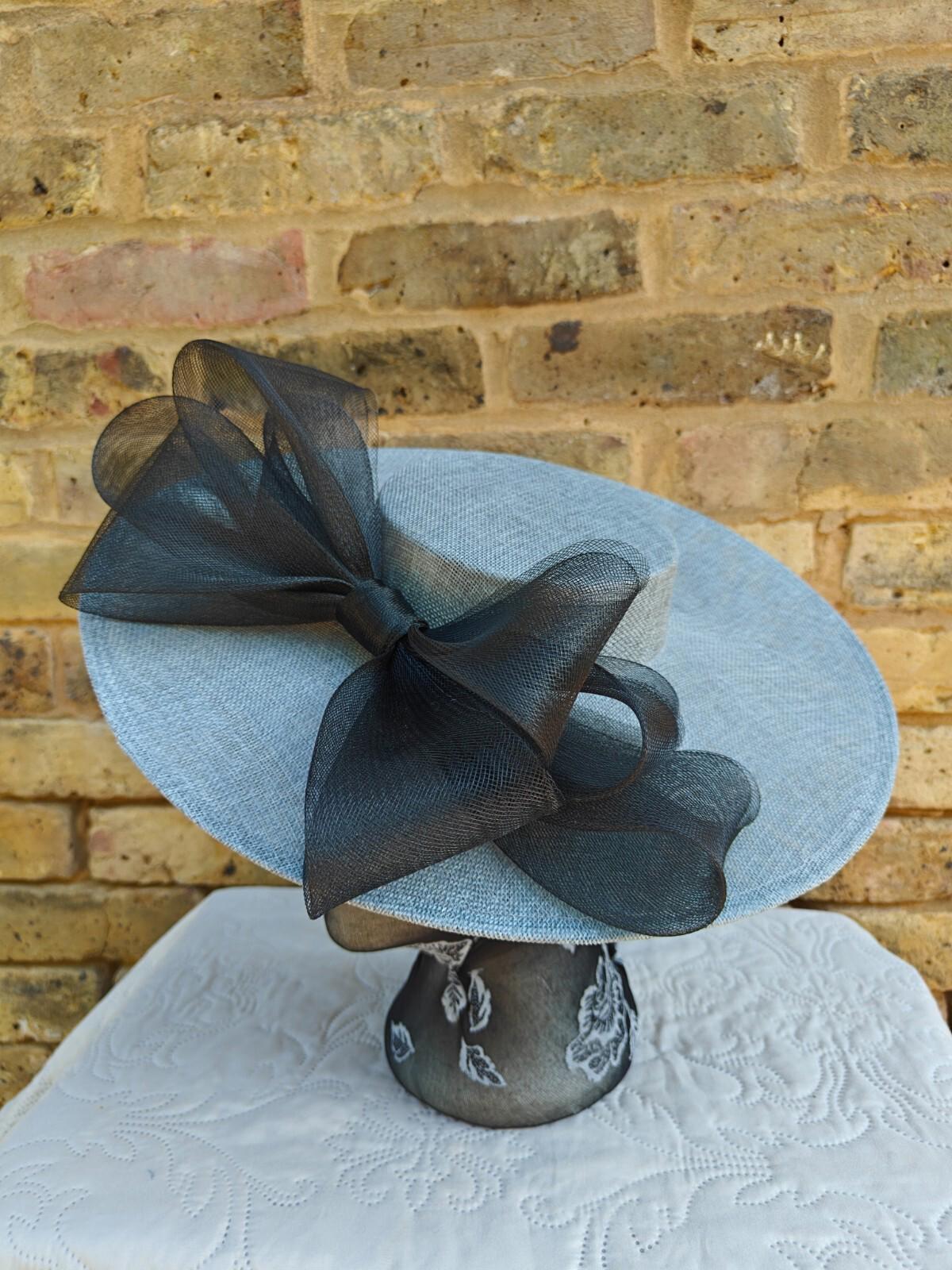 grey blue black large fascinator wedding hat Kentucky Derby Royal Ascot bow