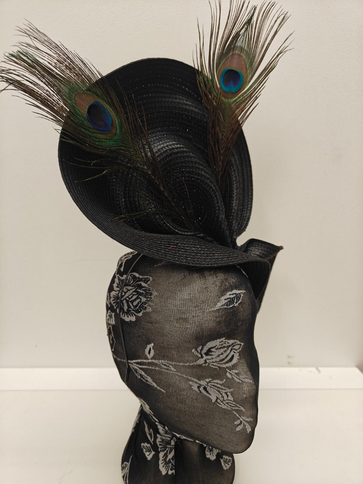 black large straw fascinator peacock feather millinery headband wedding hat