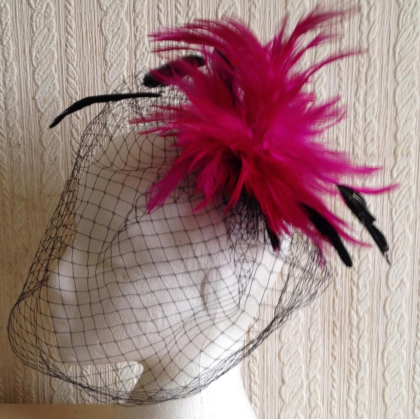 pink feather black veiling fascinator millinery hair clip ascot wedding bridal