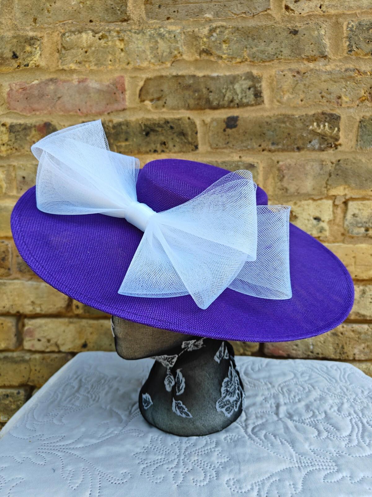 purple white large fascinator wedding hat Kentucky Derby Royal Ascot bow