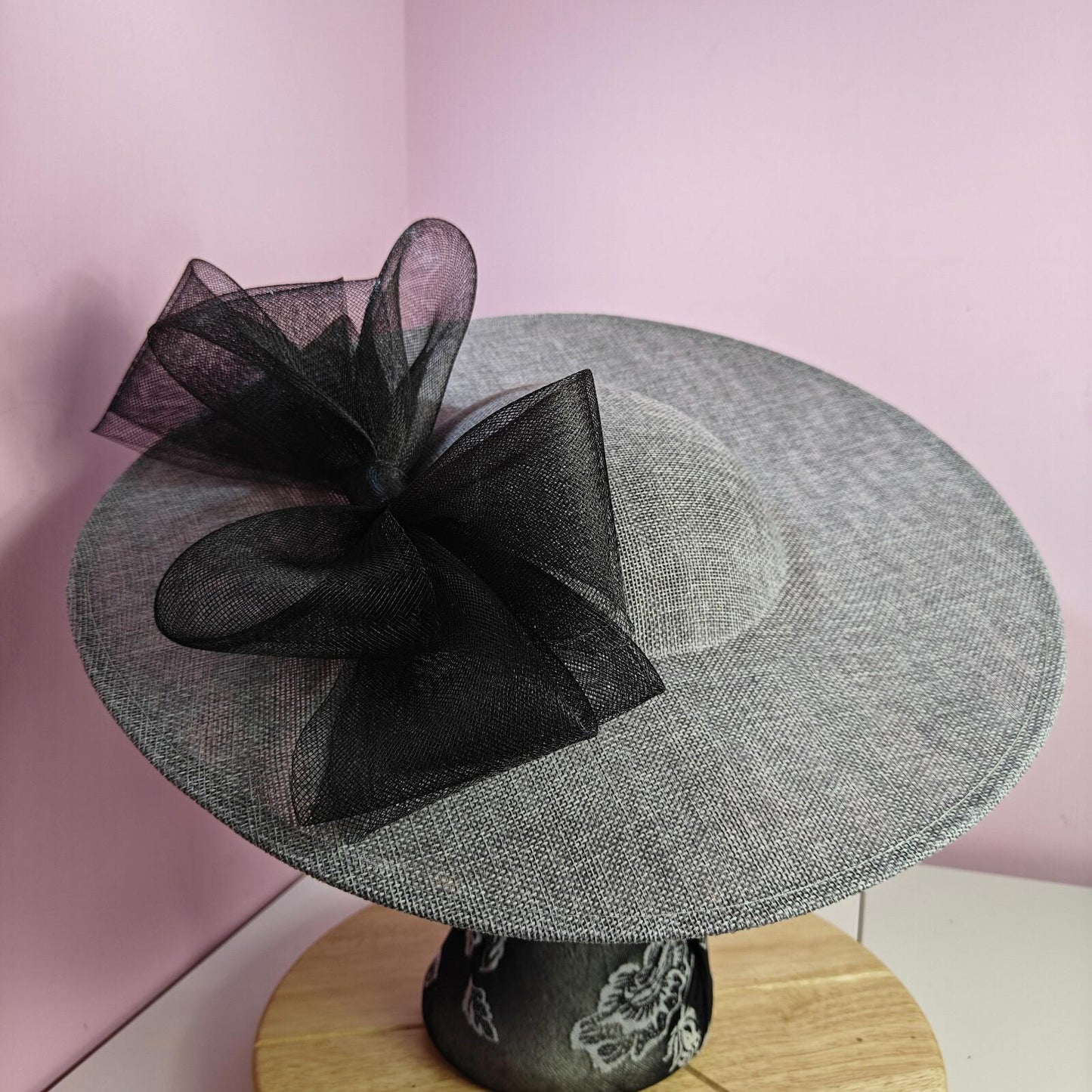 grey black large fascinator wedding hat Kentucky Derby Royal Ascot bow