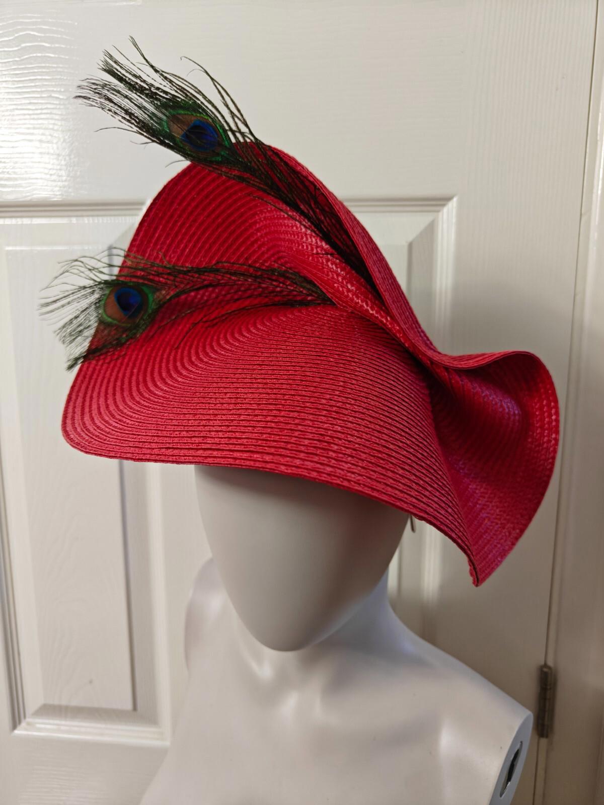 red large straw fascinator peacock feather millinery headband wedding hat
