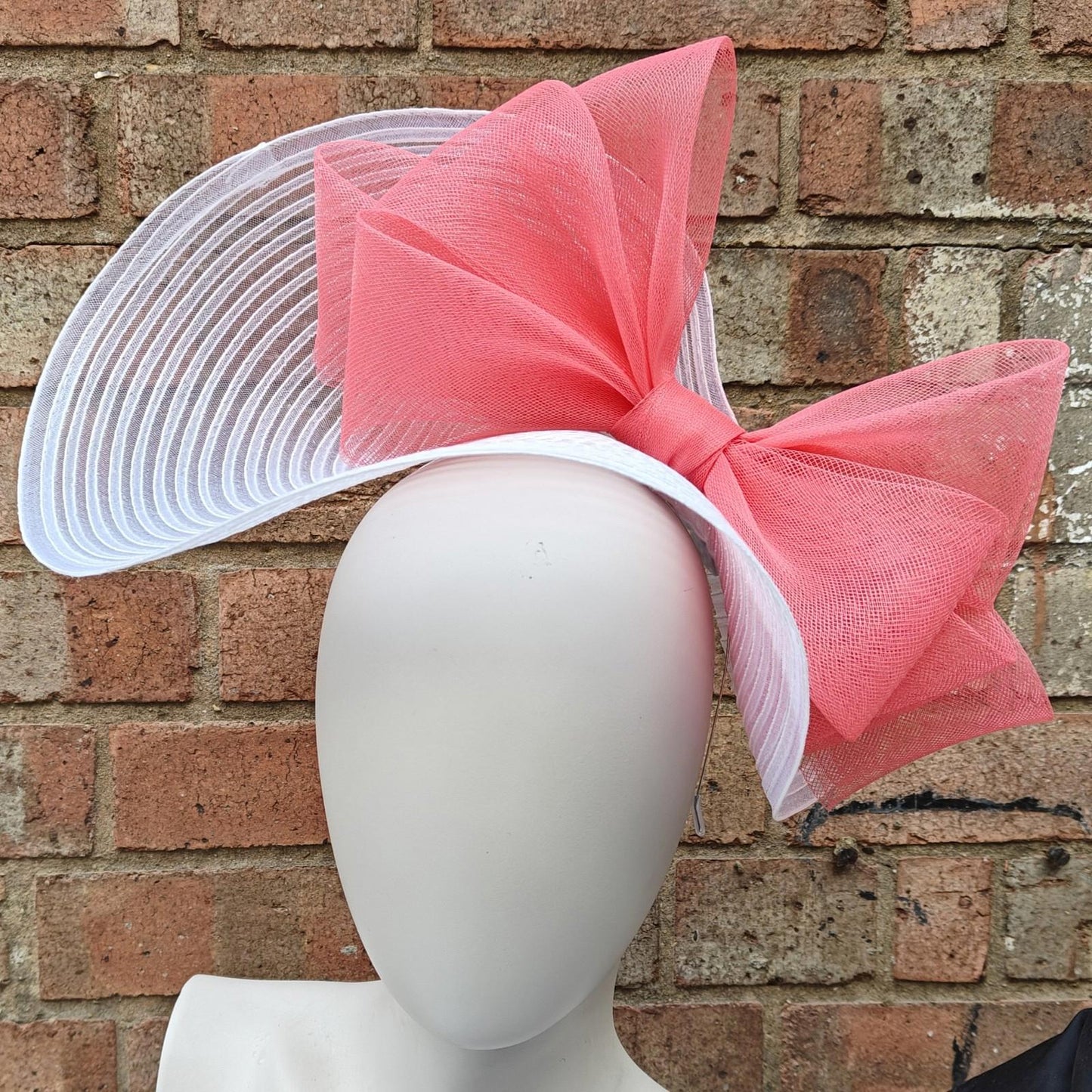 white coral pink bow crinoline fascinator millinery headband wedding hat party cosplay