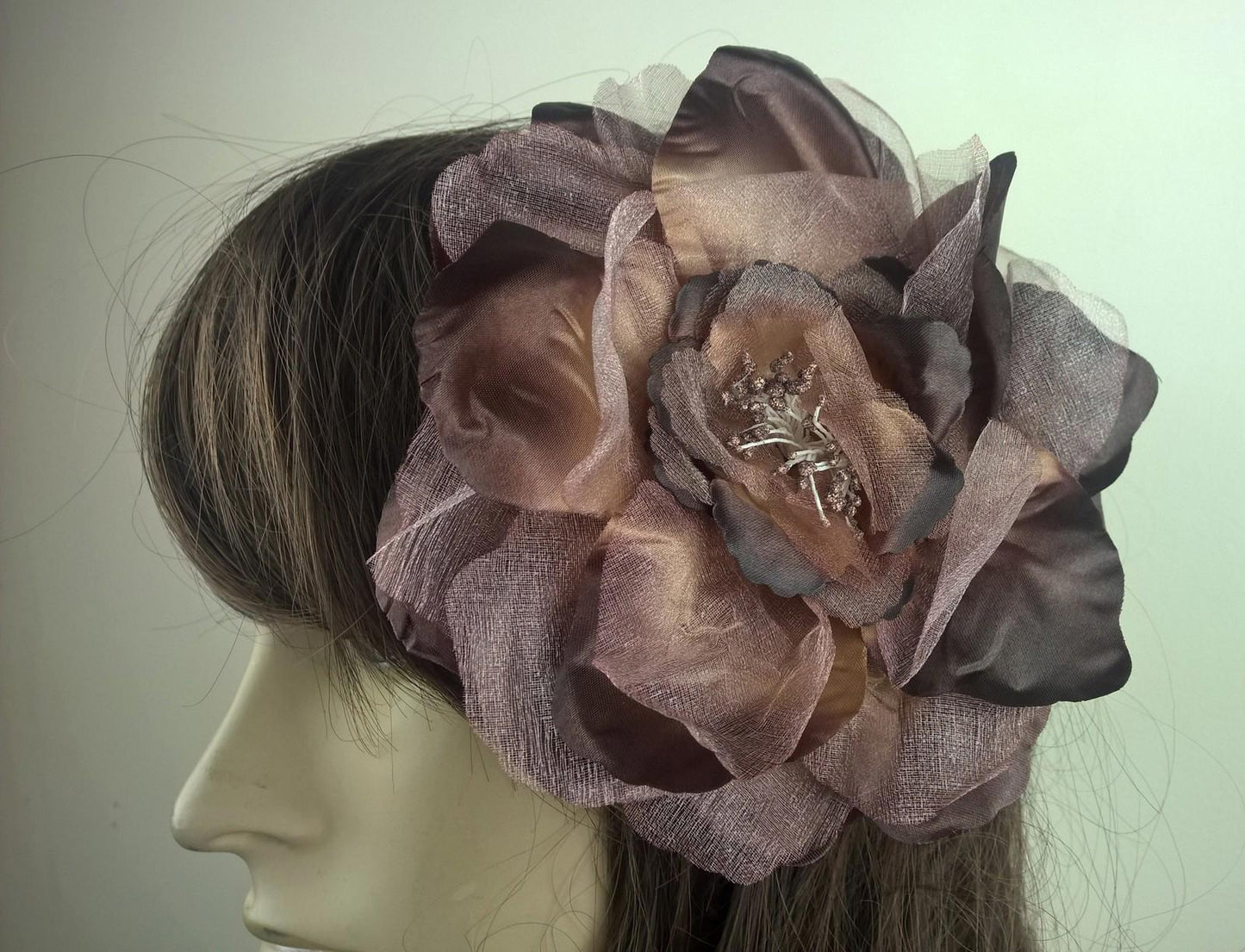 brown satin flower fascinator millinery burlesque wedding hat bridal race