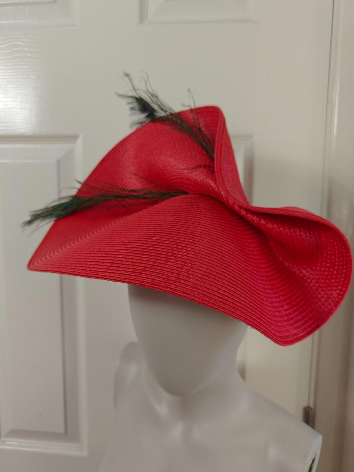 red large straw fascinator peacock feather millinery headband wedding hat