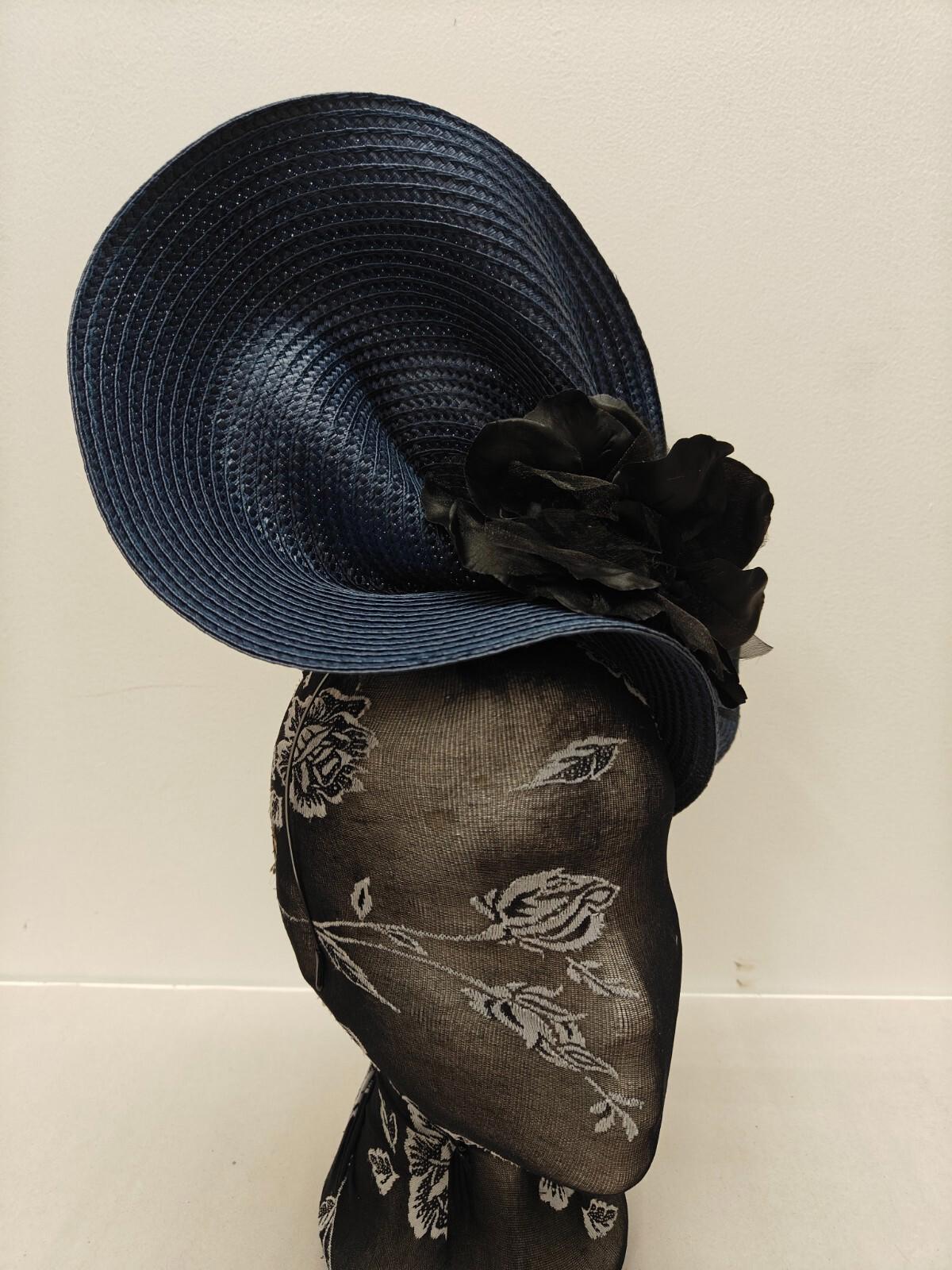 navy black flower large straw fascinator millinery burlesque headband wedding