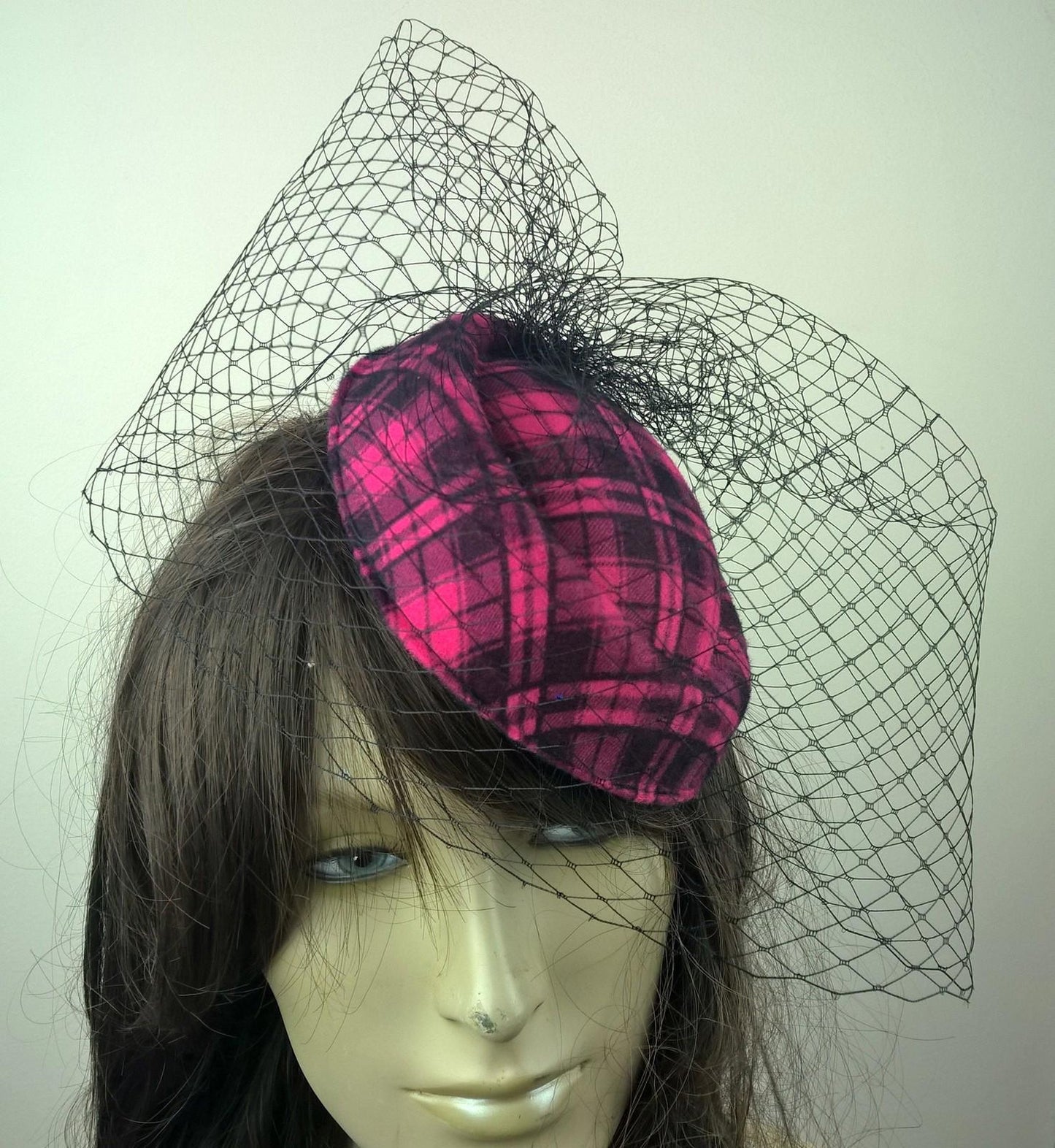 hot pink felt mini pill box hat black veiling french veil fascinator wedding