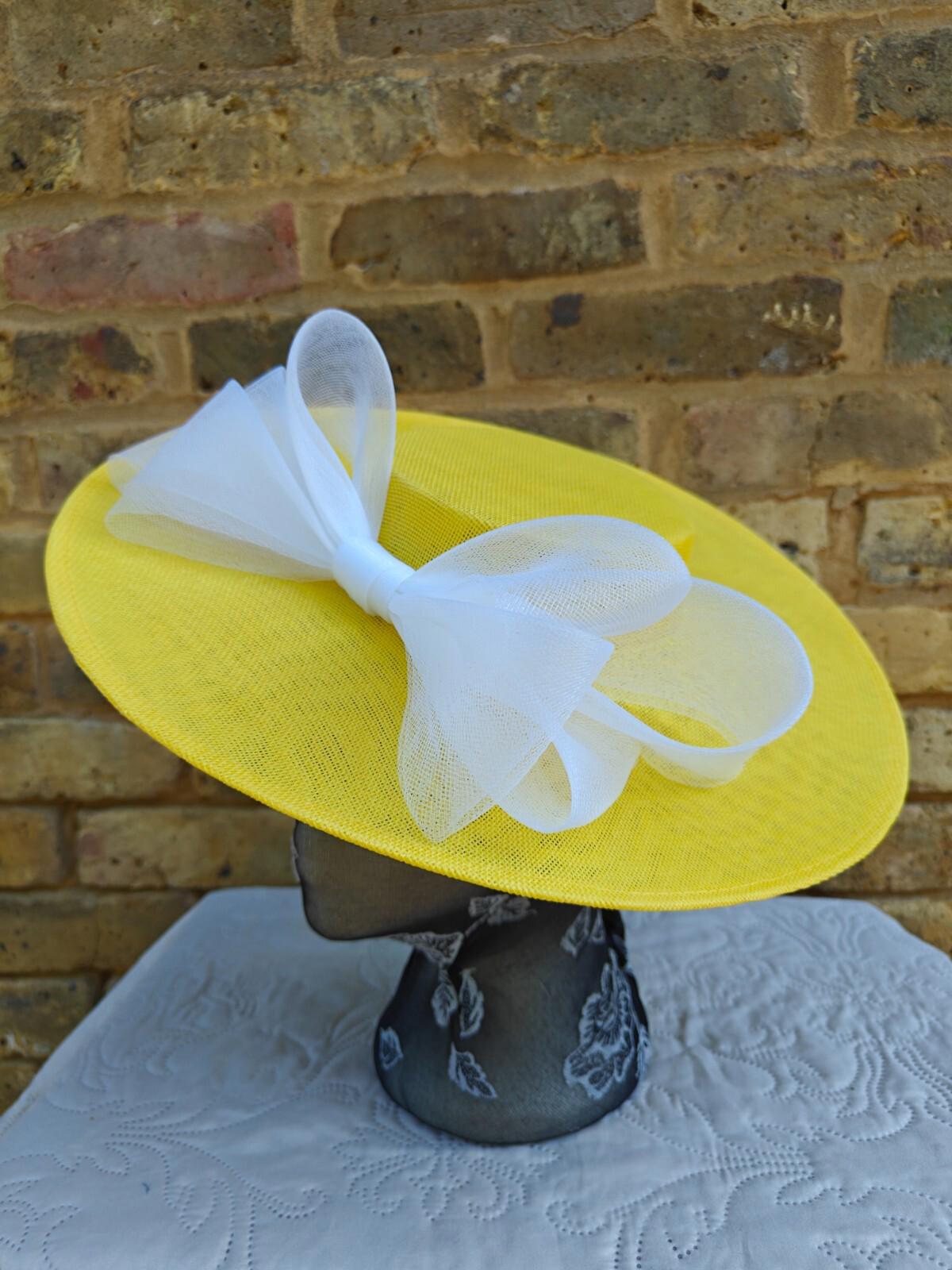 yellow white large fascinator wedding hat Kentucky Derby Royal Ascot bow