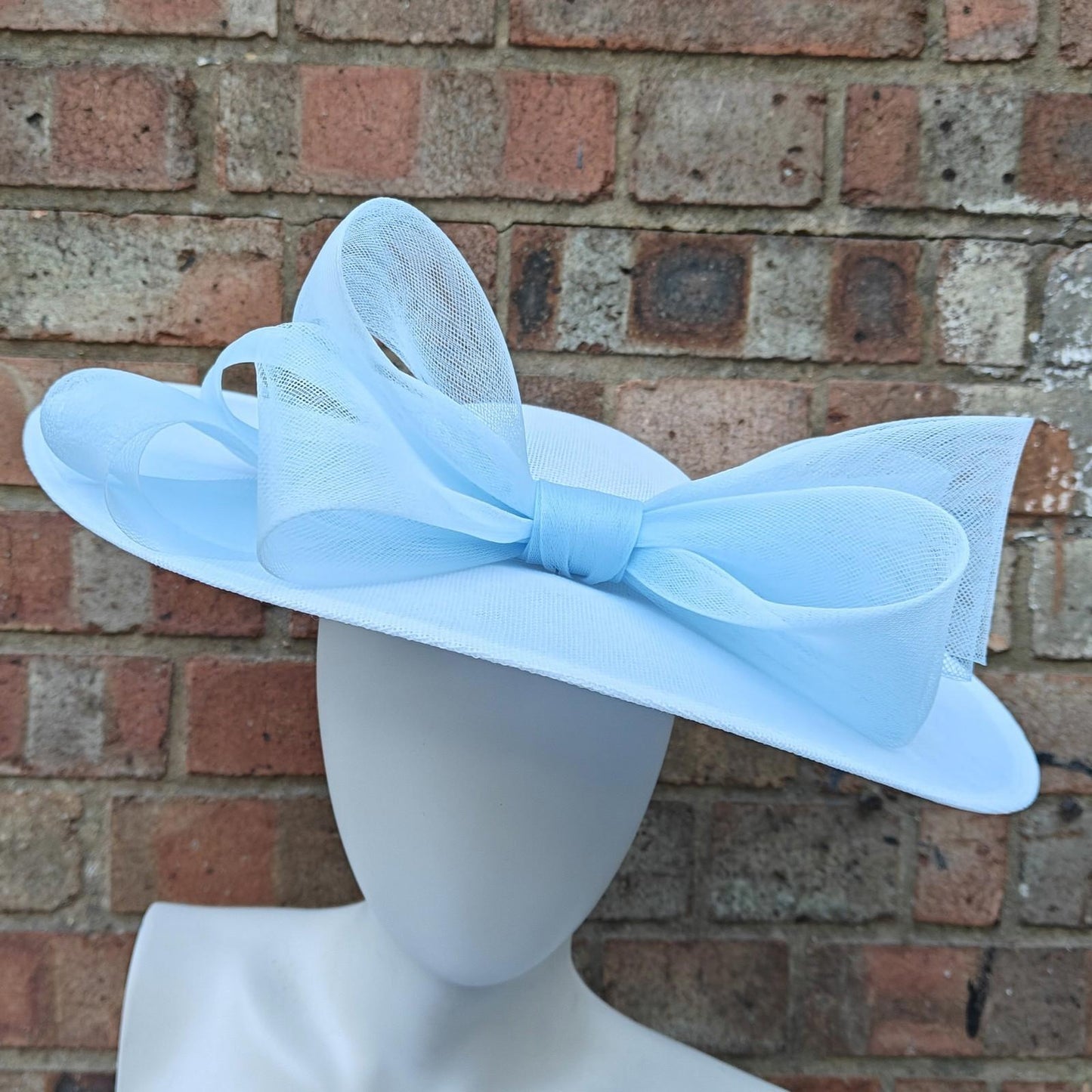 white baby blue large fascinator wedding hat handmade hatinator Ascot bow