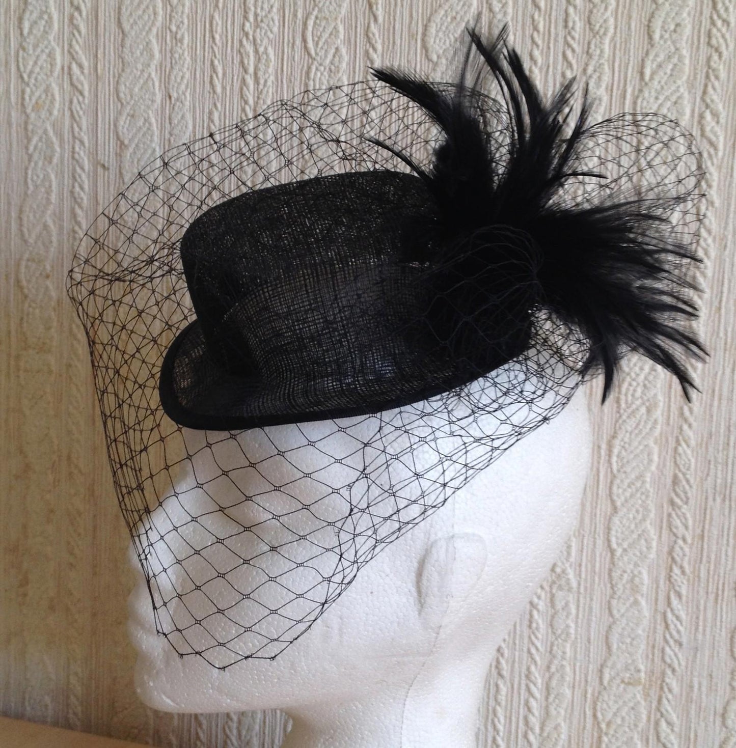 black veiling feather sinamay mini top hat fascinator millinery wedding party