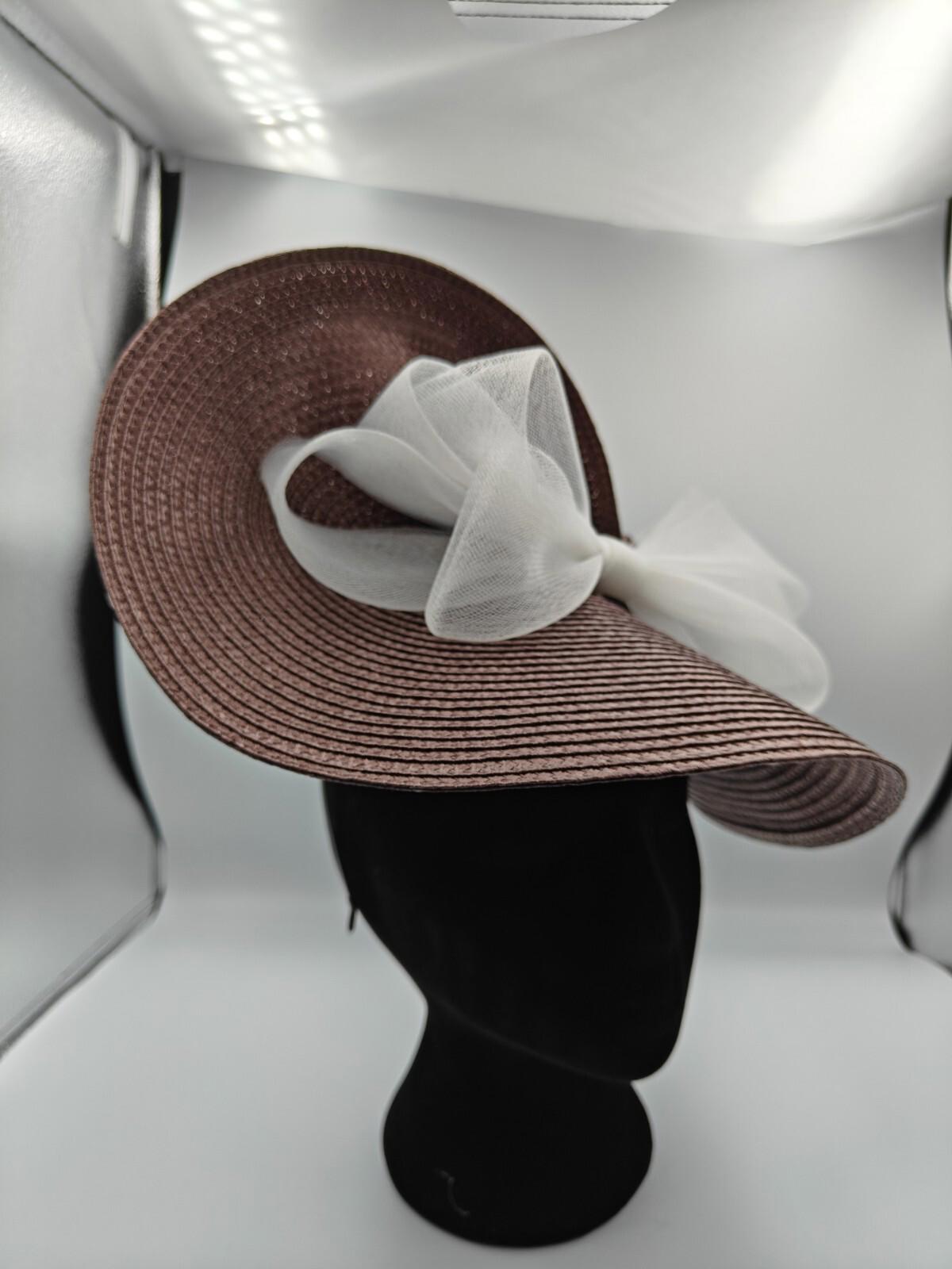 dark brown white bow straw fascinator millinery burlesque headband wedding hat