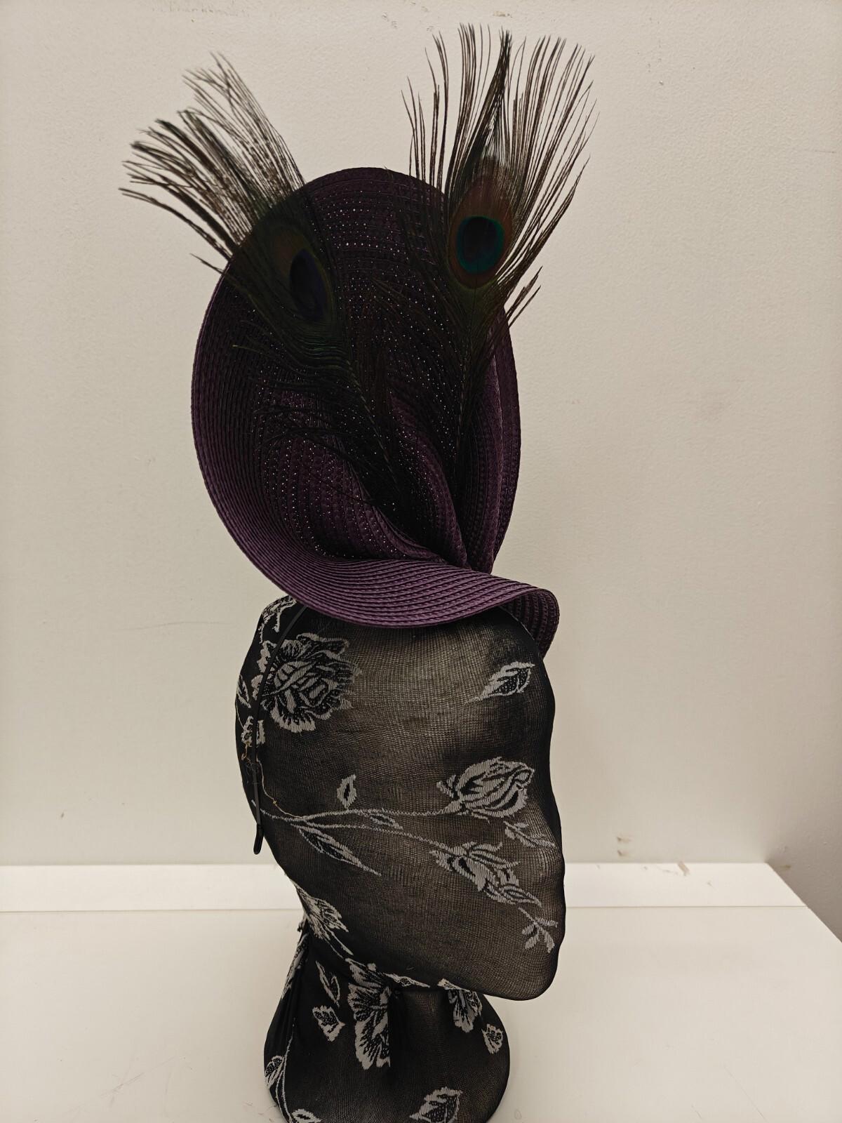 purple large straw fascinator peacock feather millinery headband wedding hat