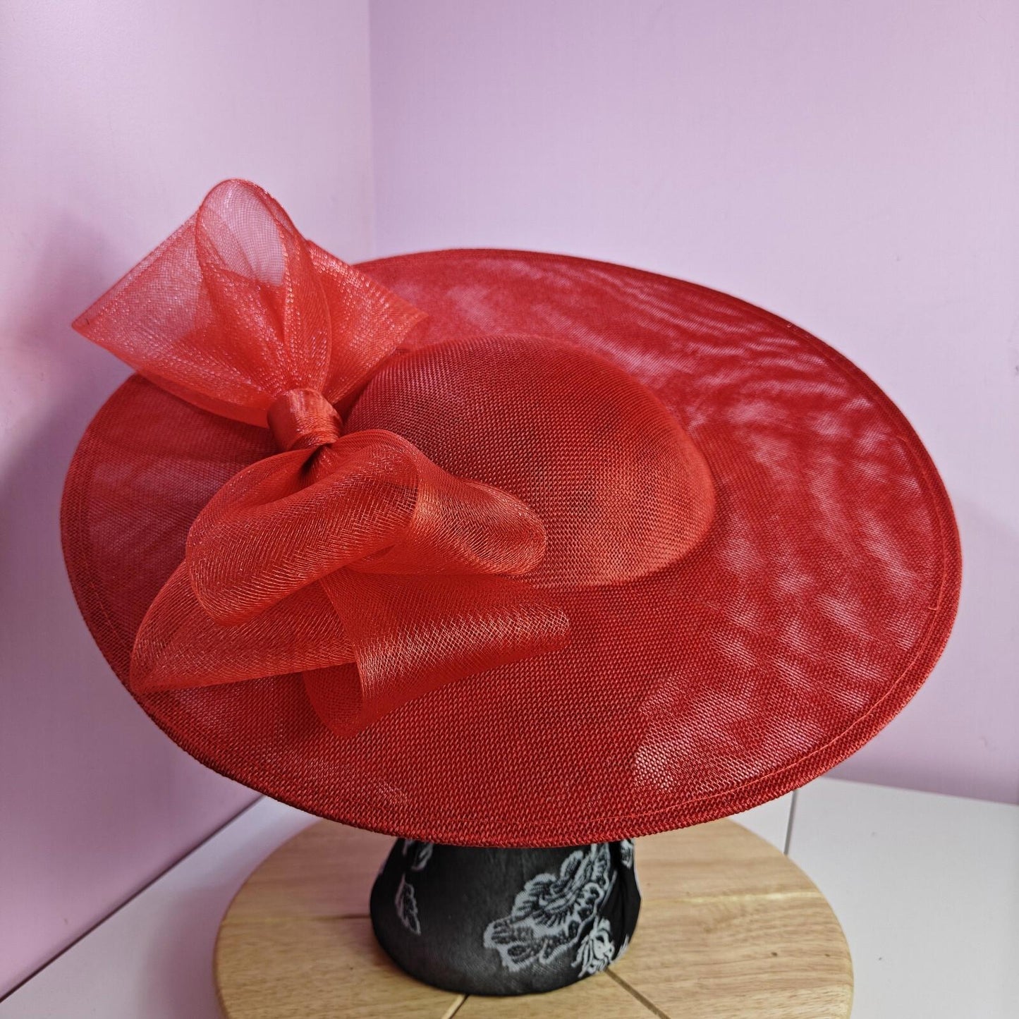 bright red large fascinator wedding hat Kentucky Derby Royal Ascot bow