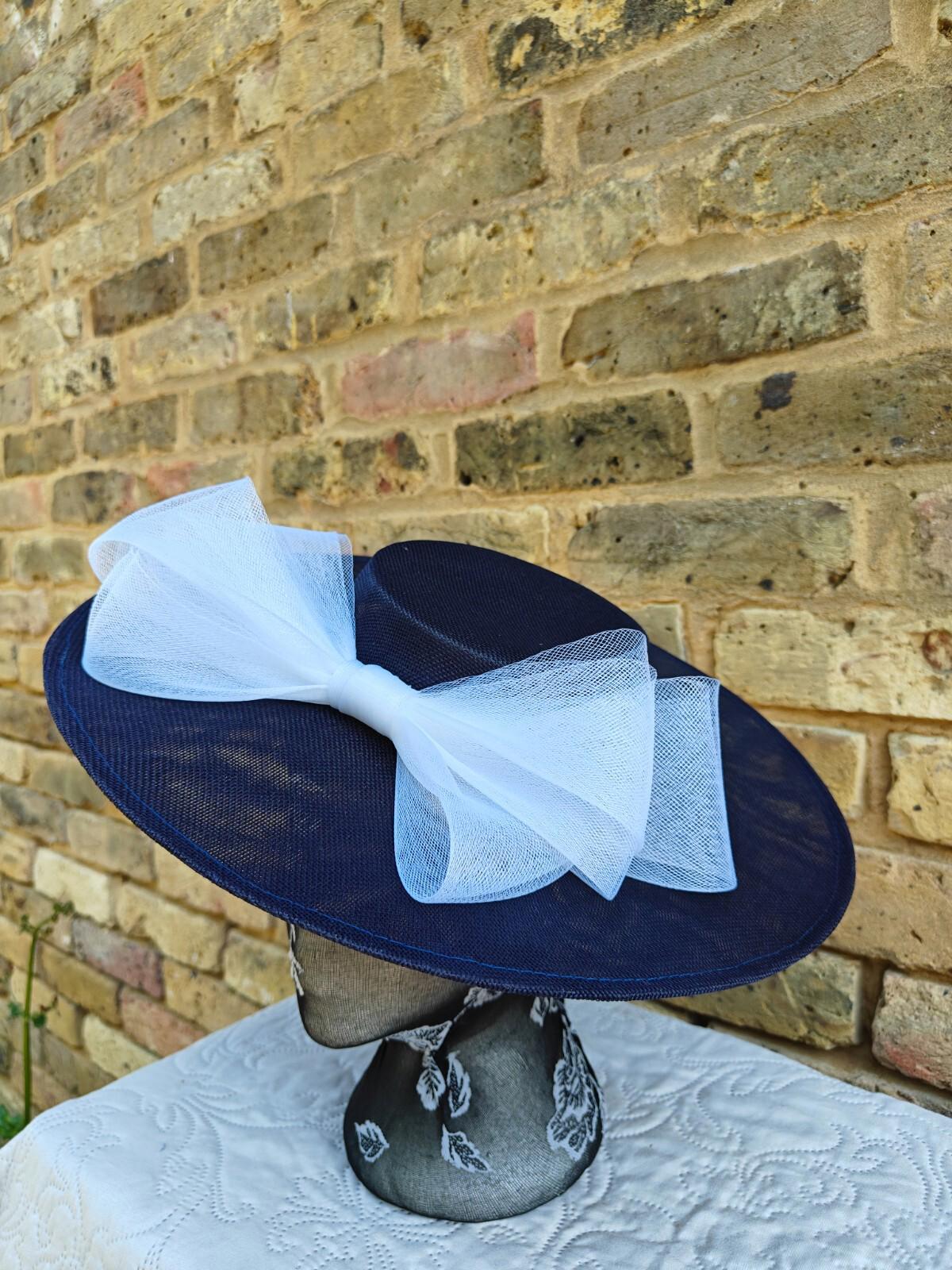 navy blue white large fascinator wedding hat Kentucky Derby Royal Ascot bow