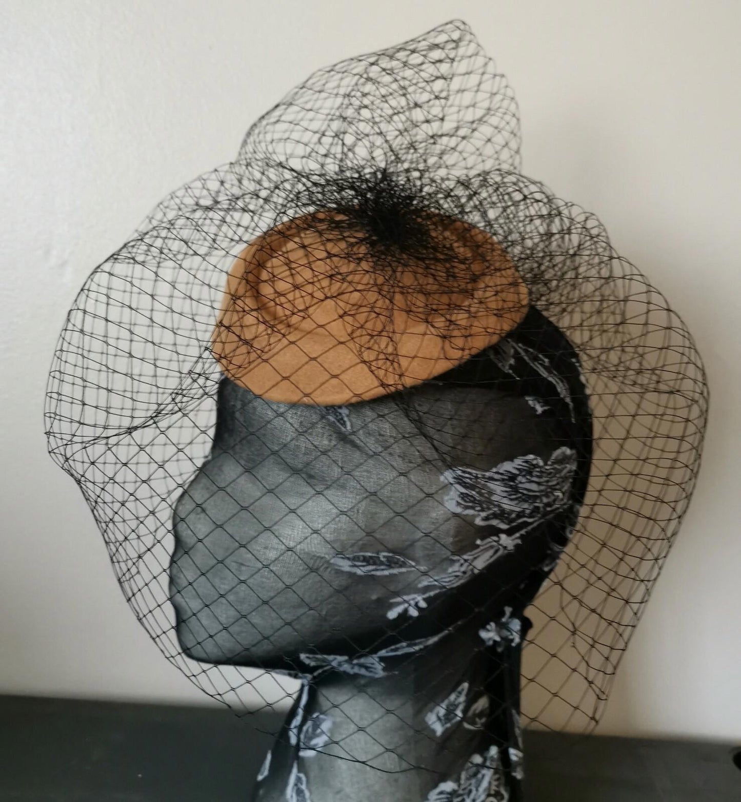 brown beige felt mini pill box hat black veiling french veil fascinator wedding