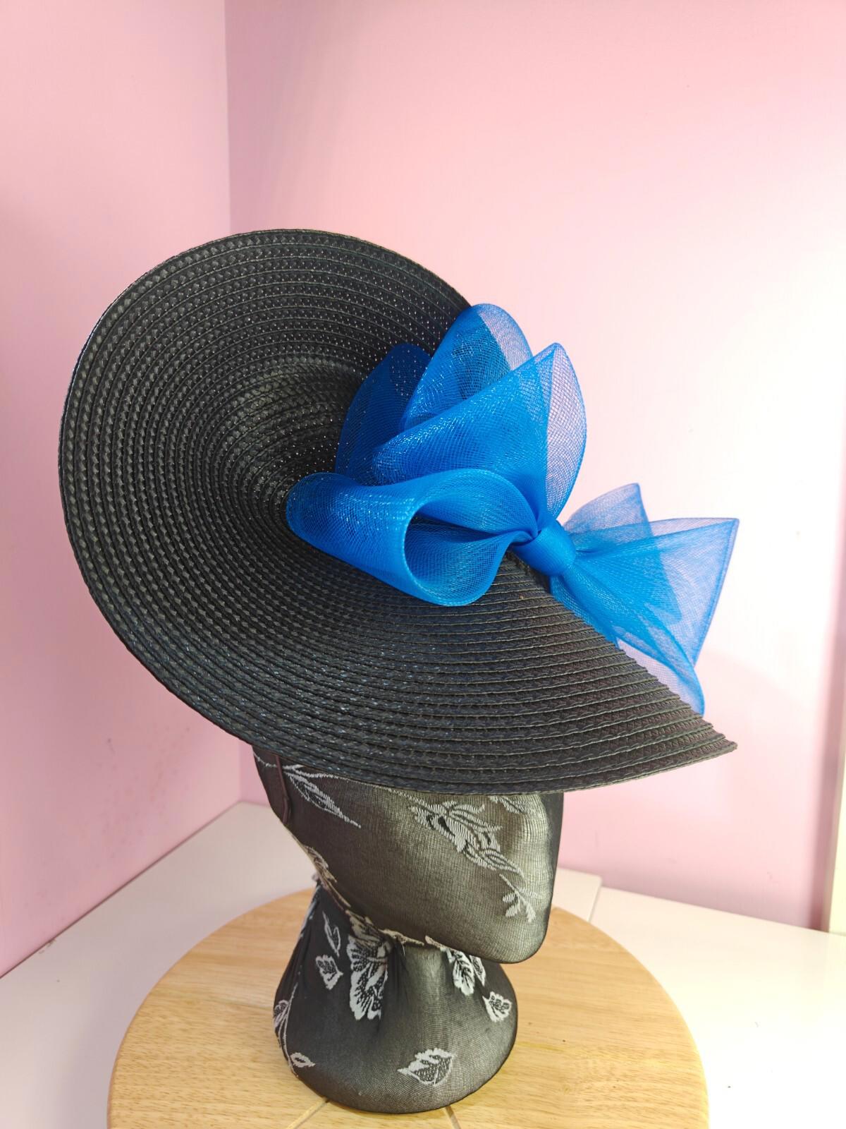 black blue large straw fascinator wedding hat Kentucky Derby Royal Ascot