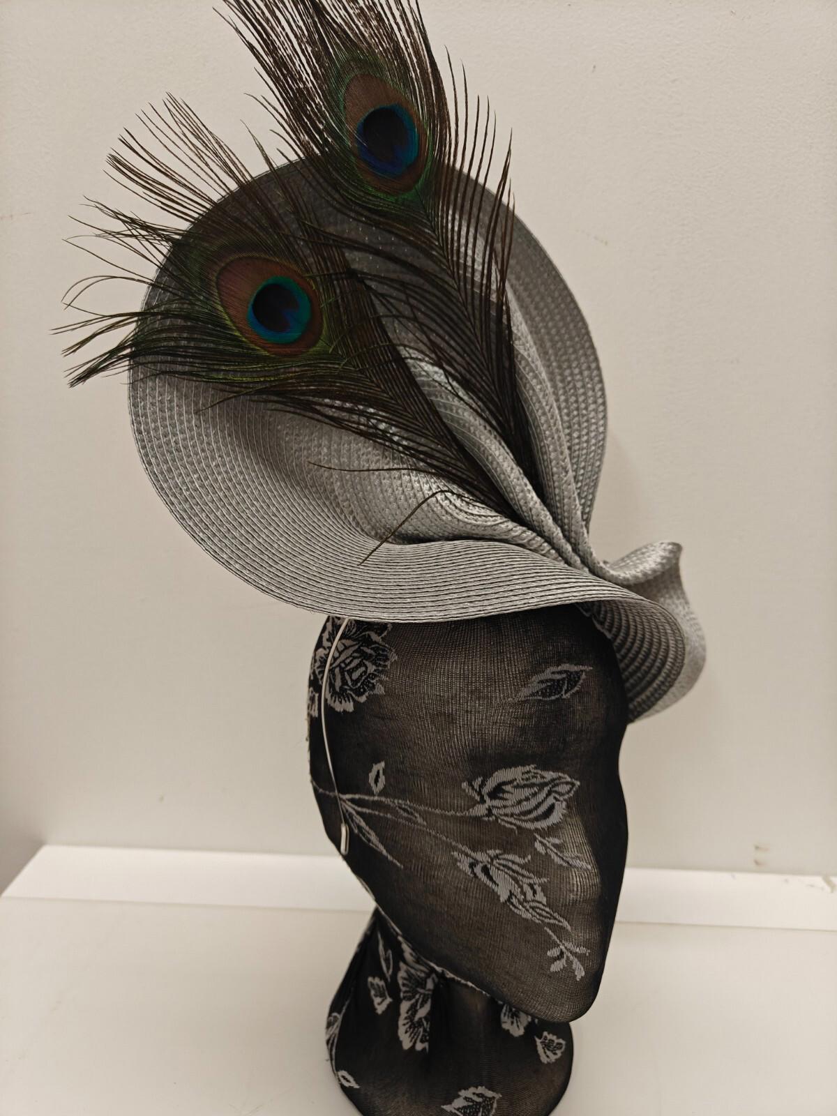 silver grey straw fascinator peacock feather millinery headband wedding hat