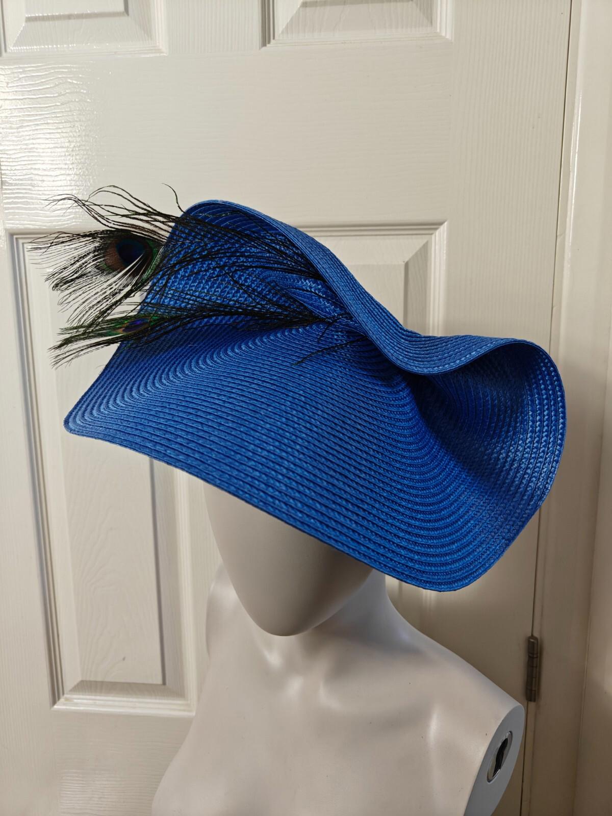 blue large straw fascinator peacock feather millinery headband wedding hat