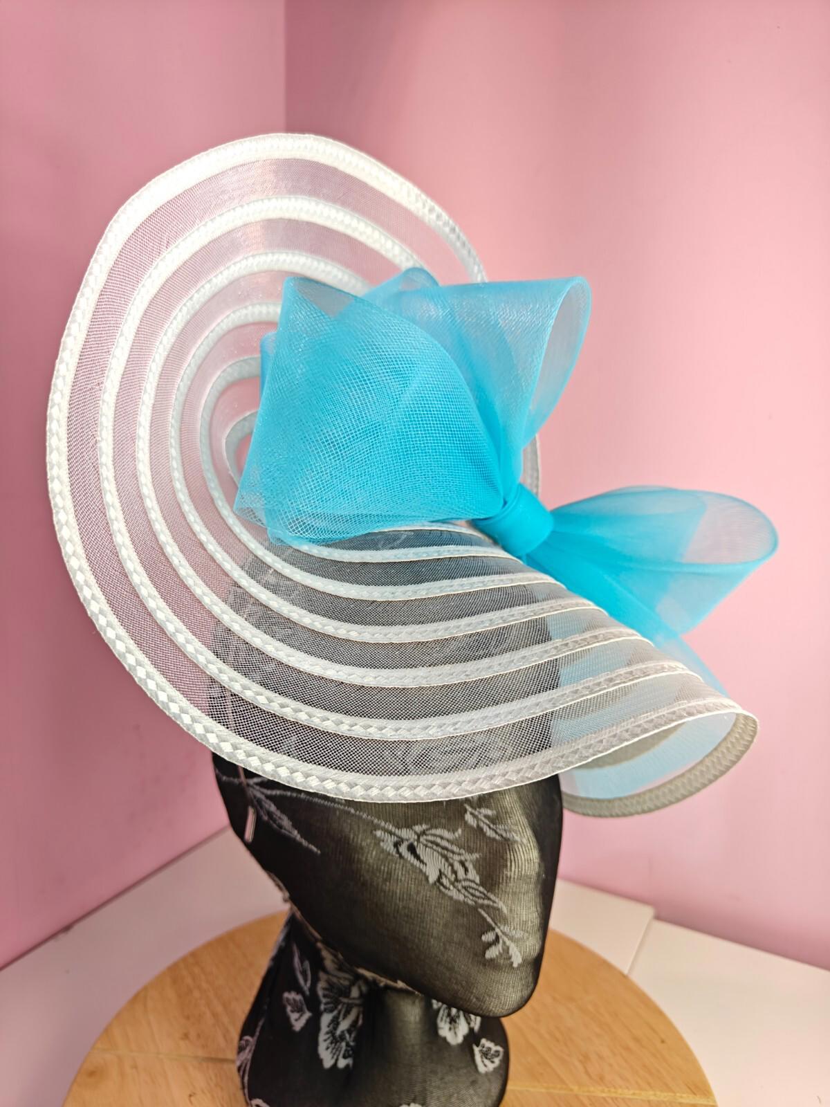 white turquoise bow fascinator millinery wedding hat Kentucky Derby Royal Ascot