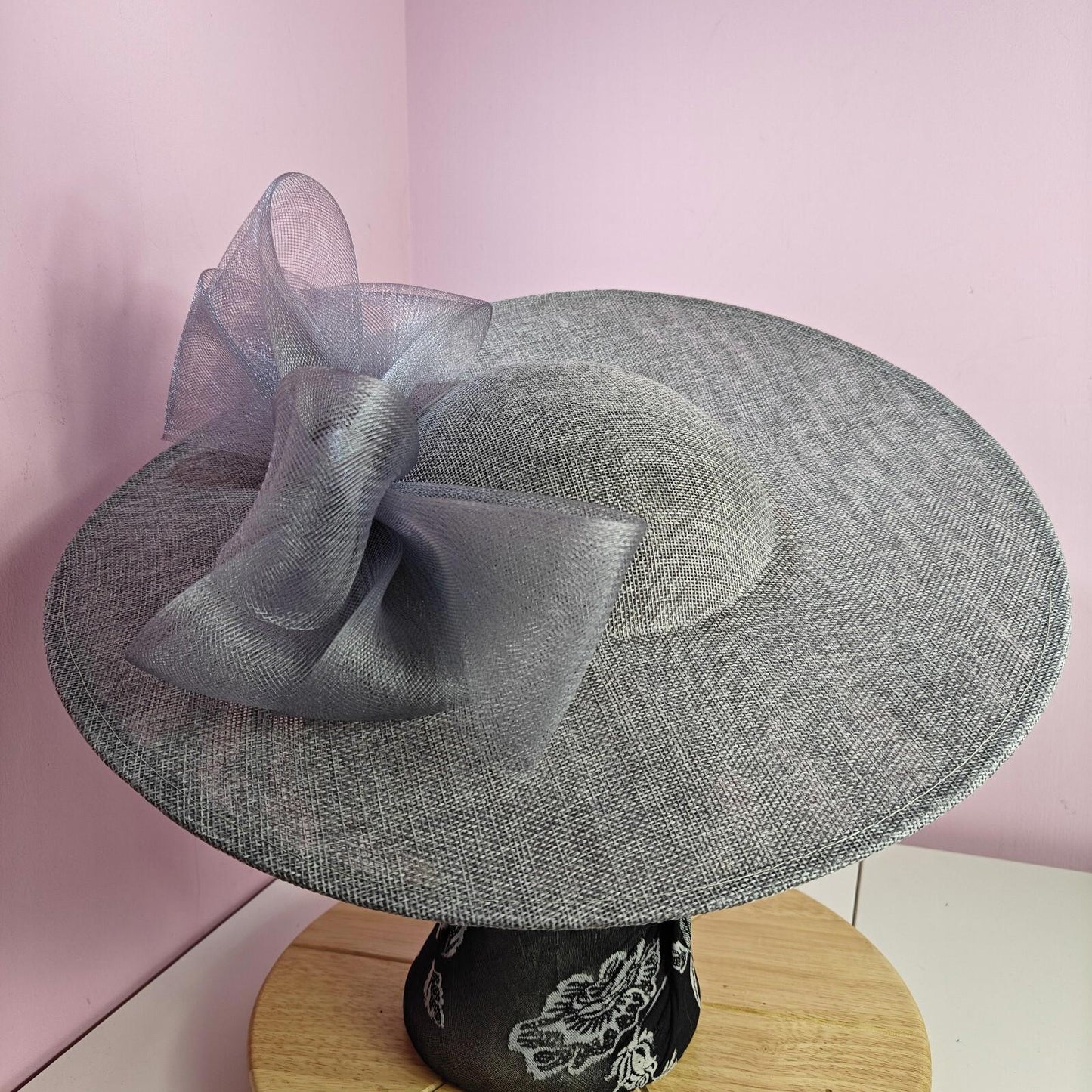 grey large fascinator wedding hat Kentucky Derby Royal Ascot bow