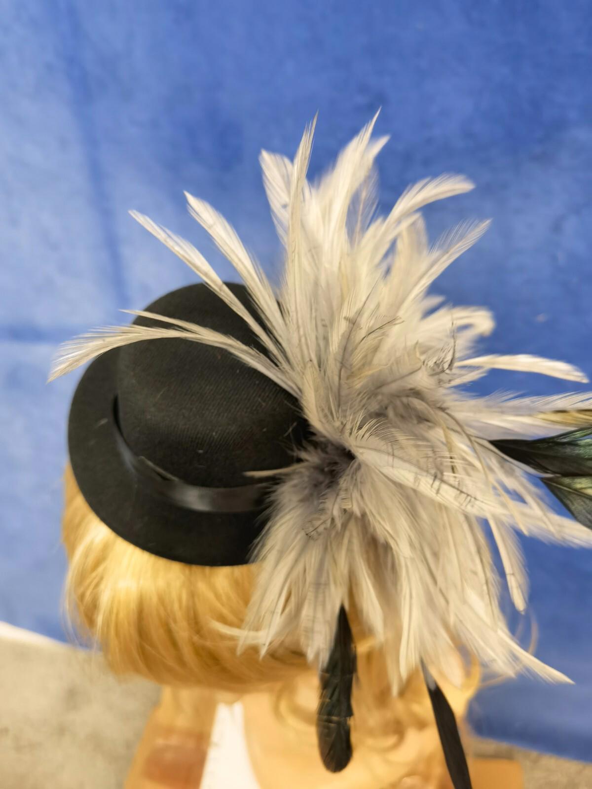 Grey black feather mini top hat fascinator millinery burlesque wedding 1