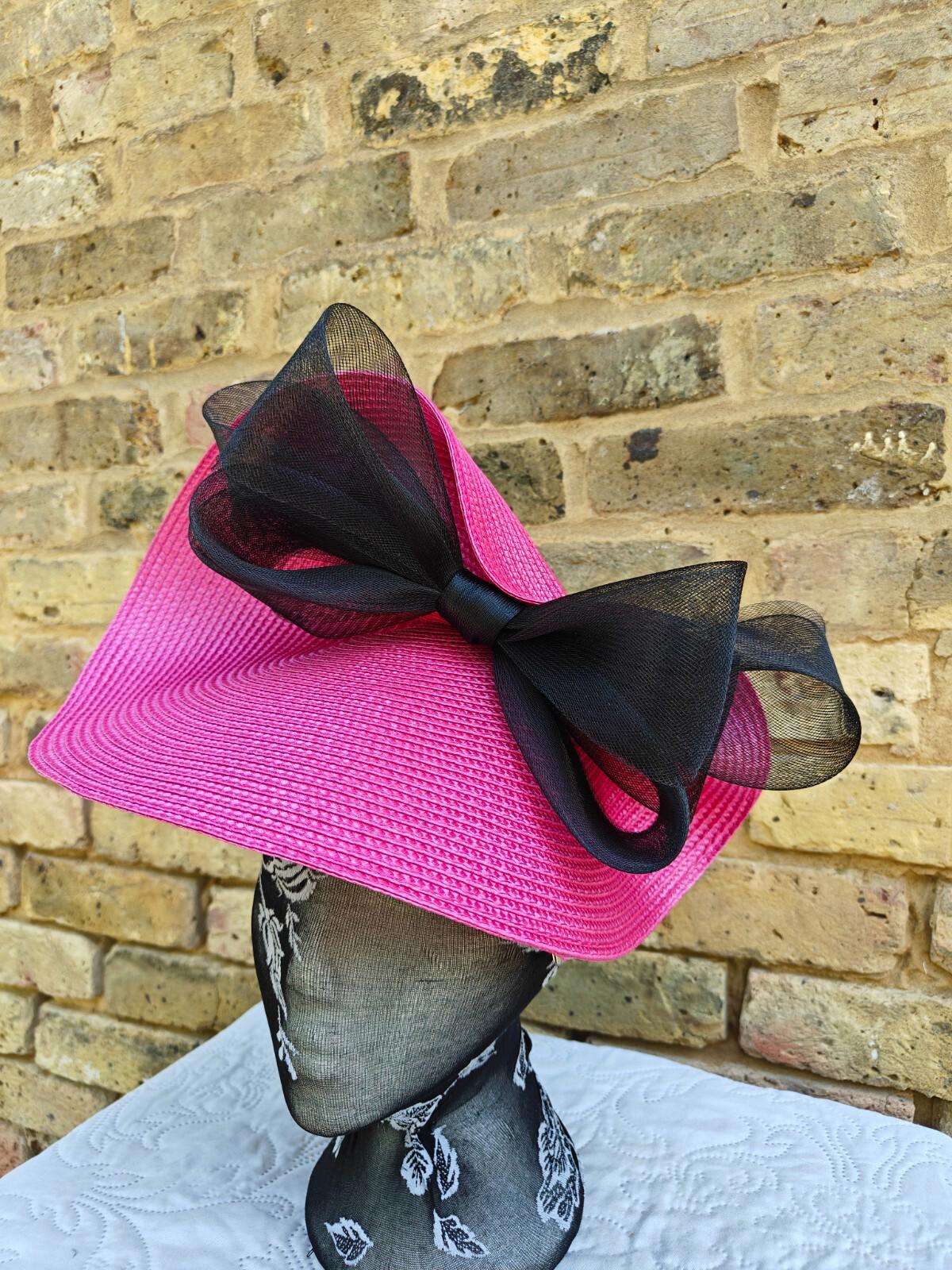 hot pink black large straw fascinator millinery headband wedding hat ascot