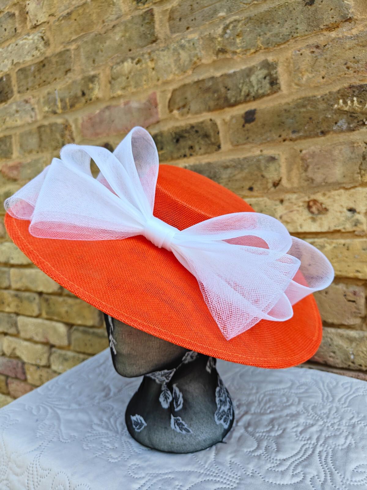 orange white large fascinator wedding hat Kentucky Derby Royal Ascot bow