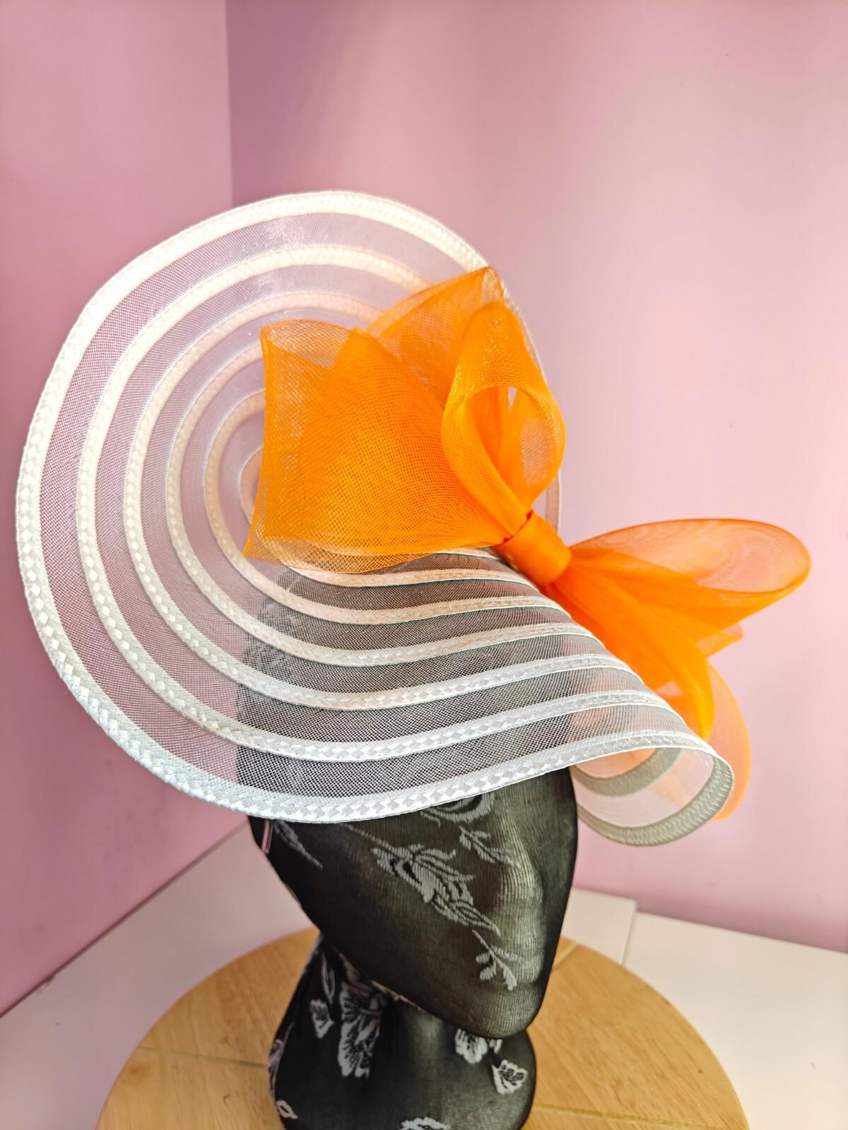 white orange bow fascinator millinery wedding hat Kentucky Derby Royal Ascot