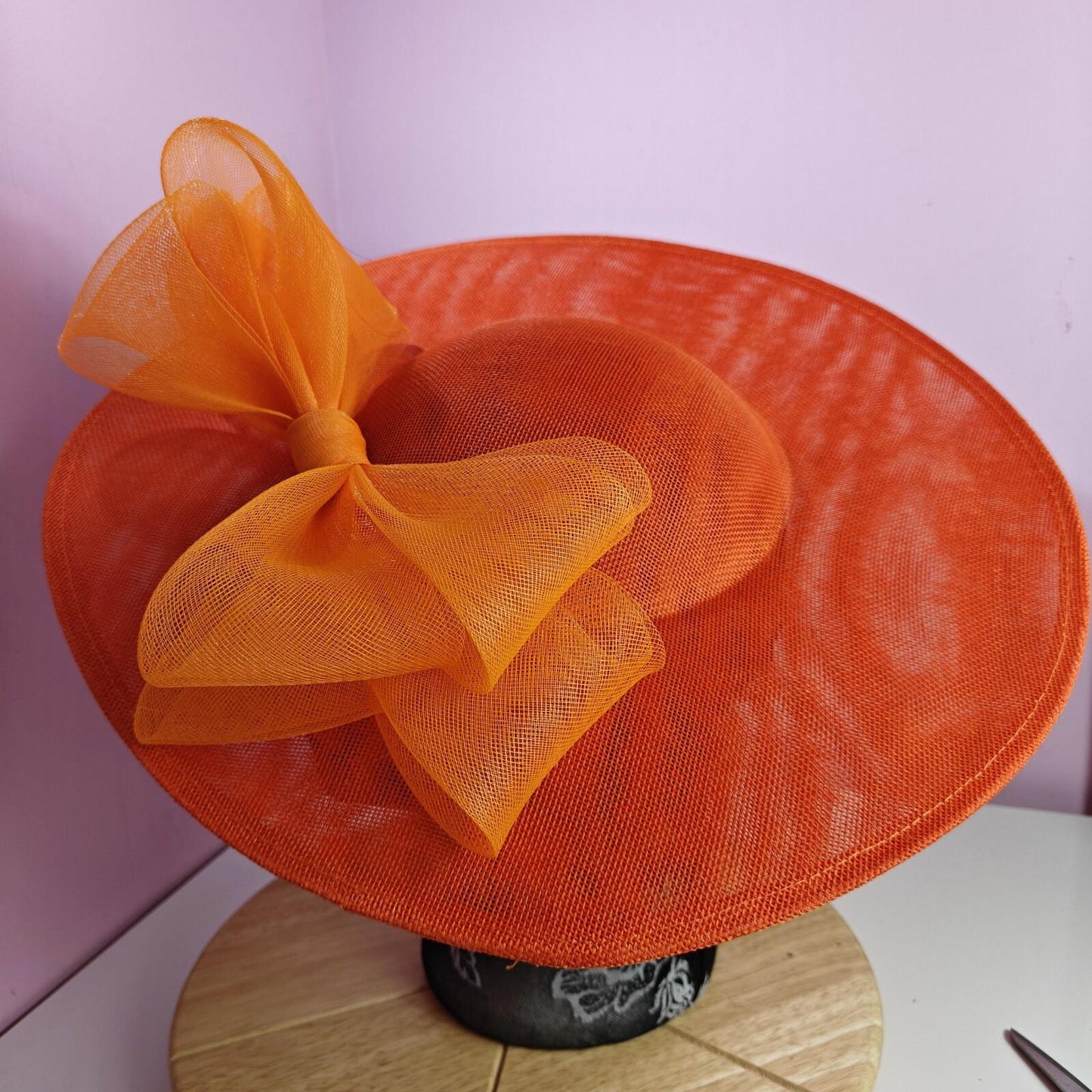 orange large fascinator wedding hat Kentucky Derby Royal Ascot bow