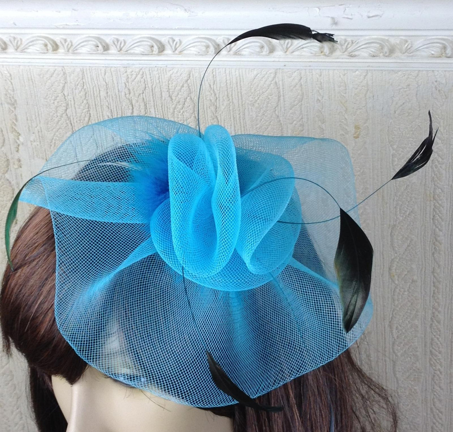 turquoise teal feather hair headband fascinator millinery wedding hat ascot
