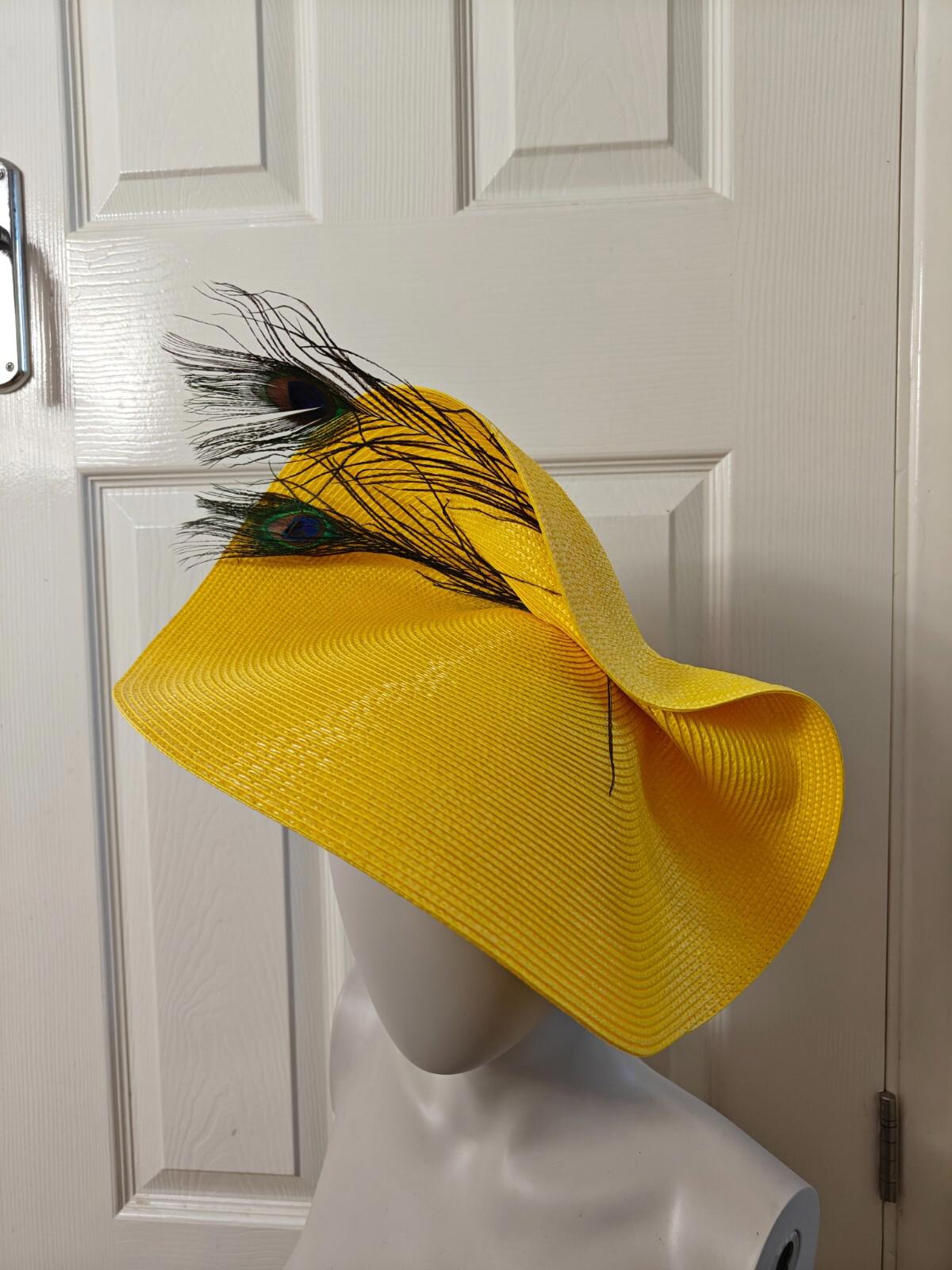 yellow large straw fascinator peacock feather millinery headband wedding hat