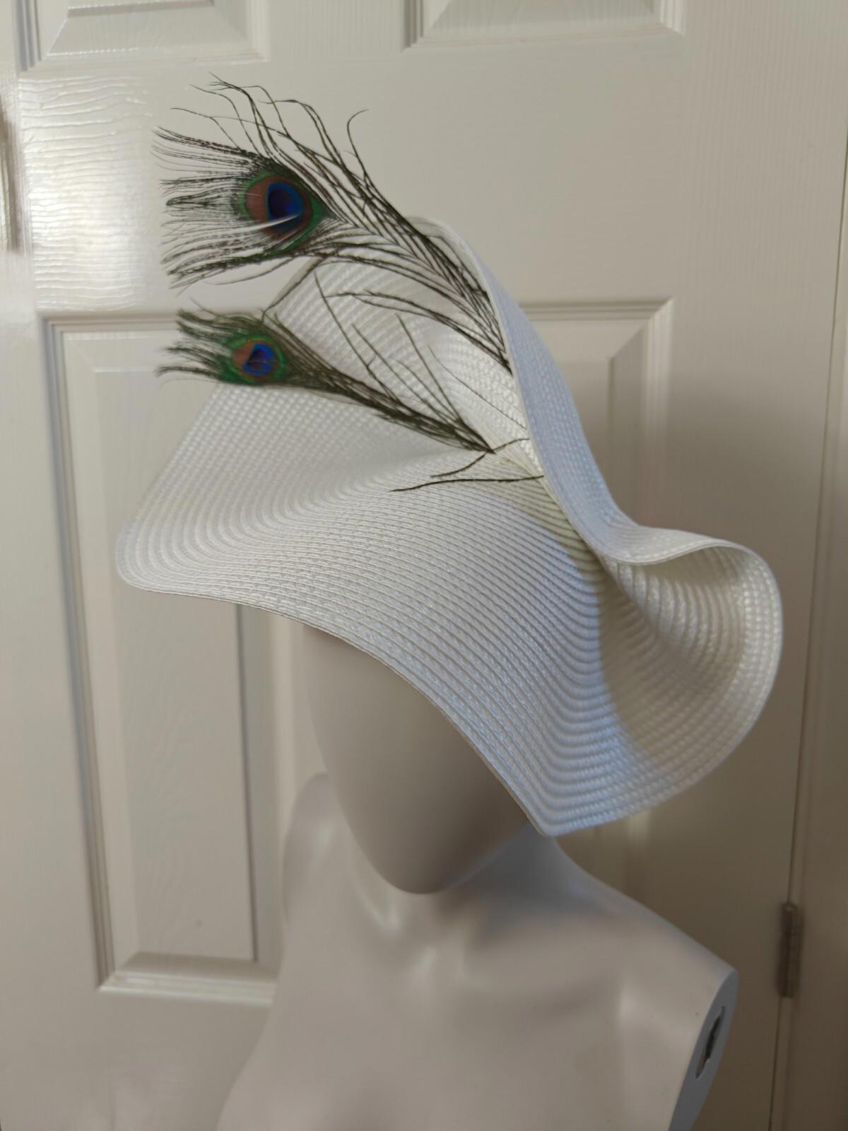 white large straw fascinator peacock feather millinery headband wedding hat