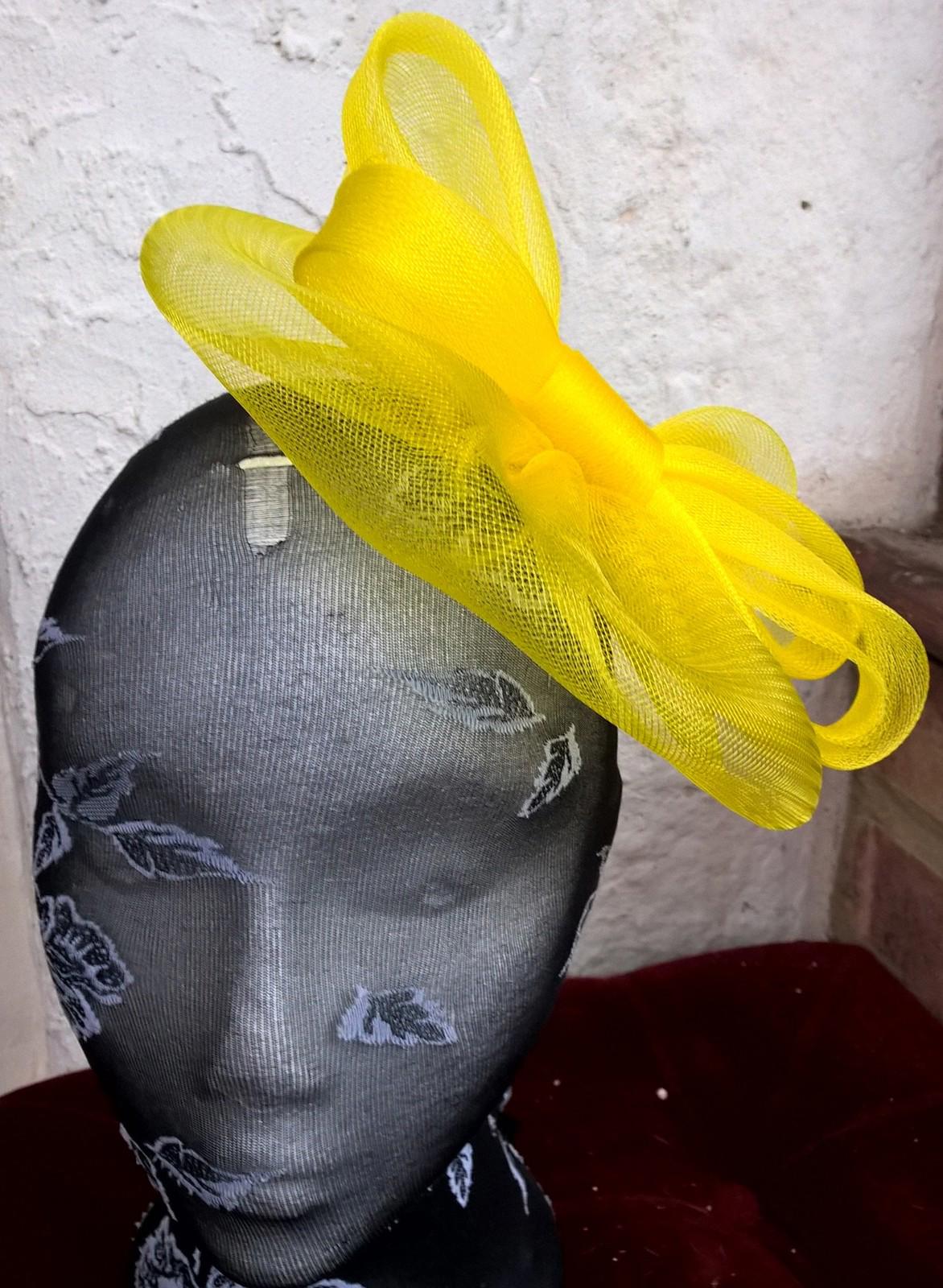 bright yellow fascinator millinery burlesque wedding hat ascot race bridal