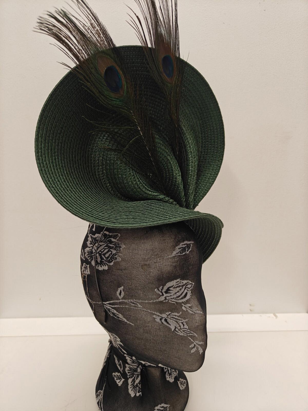 dark green large straw fascinator peacock feather millinery headband wedding hat