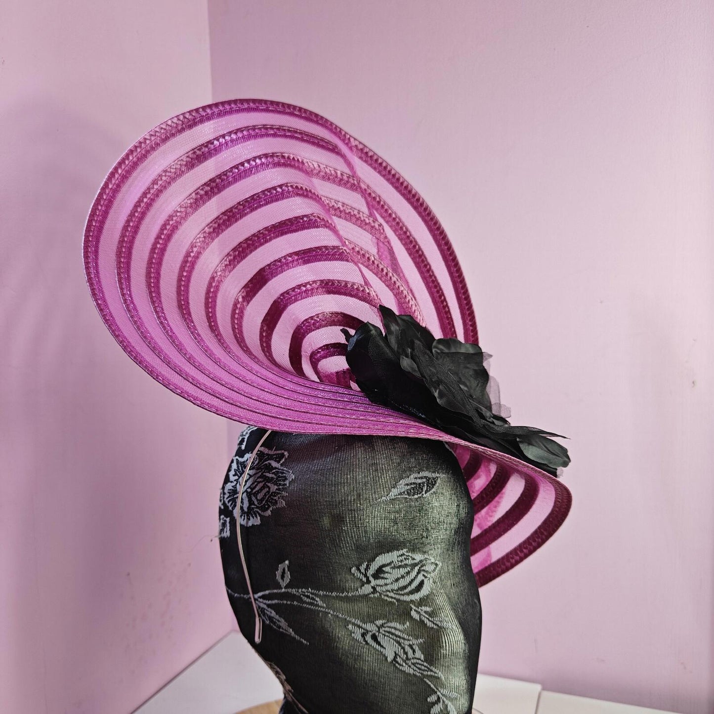 pink black flower fascinator millinery wedding hat Kentucky Derby Royal Ascot