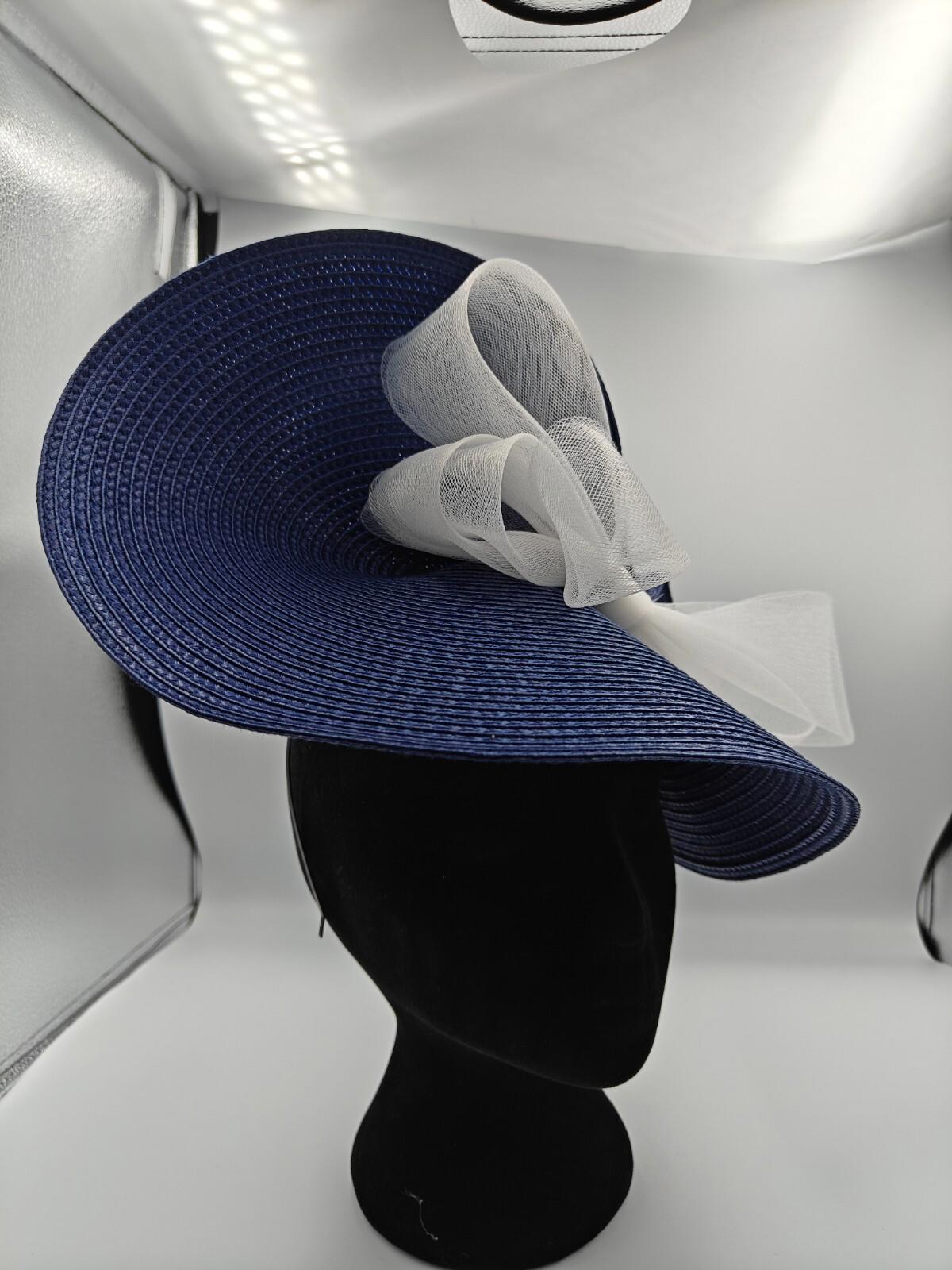 navy blue white straw fascinator millinery burlesque headband wedding hat bow