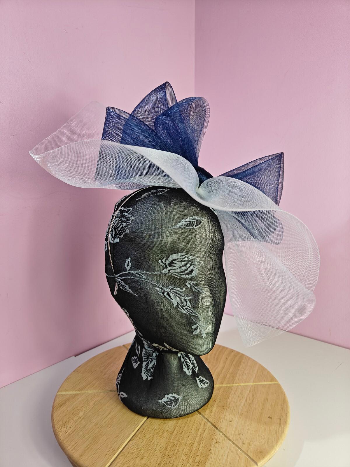white navy blue fascinator millinery headband derby wedding hat ascot race