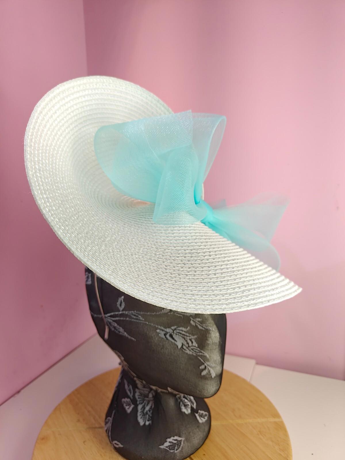 white light blue large straw fascinator wedding hat Kentucky Derby Royal Ascot